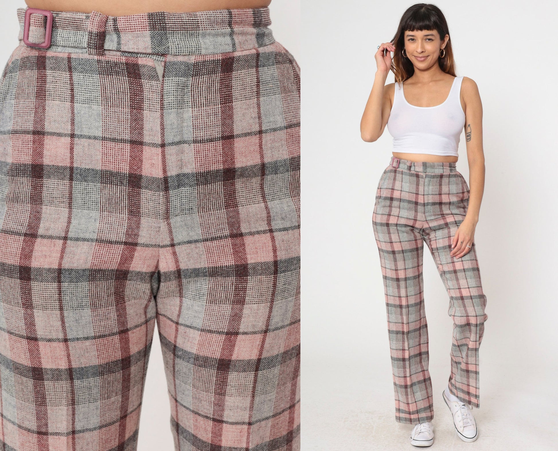 70s The Limited Plaid High-Waisted Trousers Pink Grey Wool Blend Small