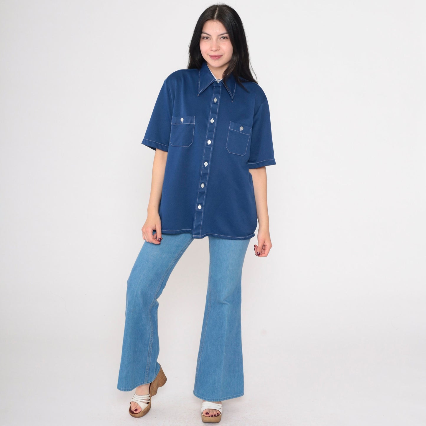 70s Arrow Doubler Navy Oxford Button-Up Shirt Dagger Collar Short Sleeve Large