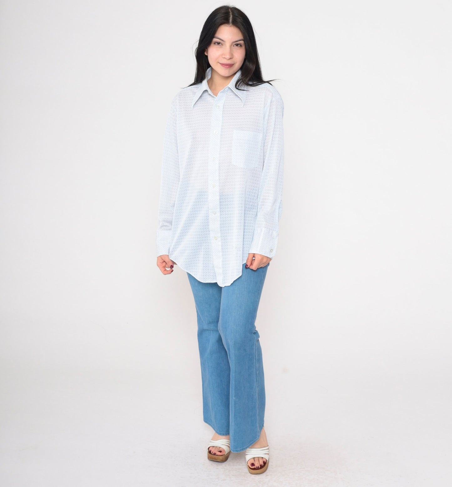 70s Sears Geometric Print Button Up Shirt White Blue Dagger Collar Large