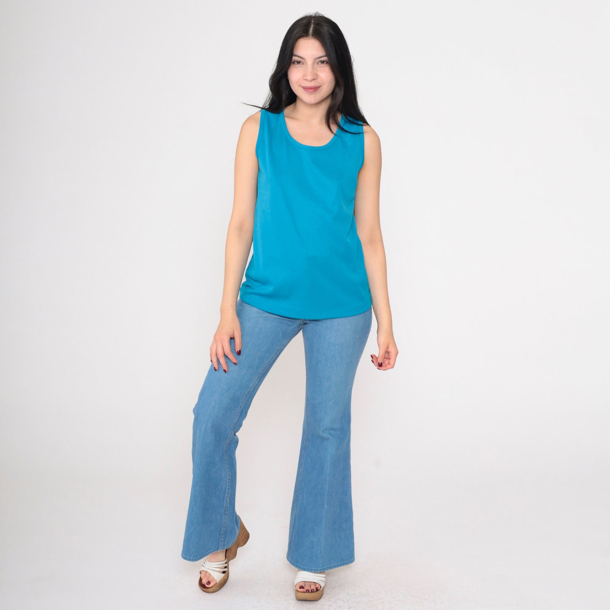 70s Sears Tank Top Bright Blue Scoop Neck Sleeveless Small S