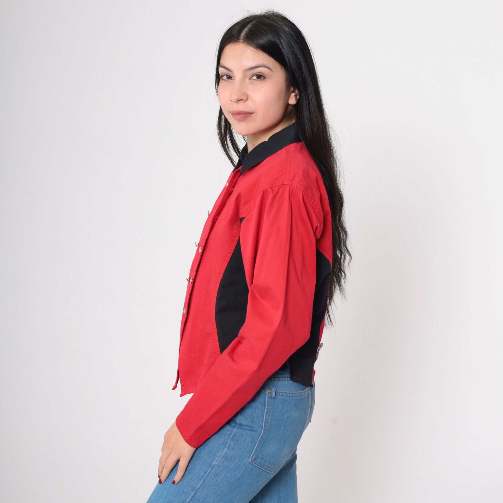 Y2K Wrangler Silver Lake Color Block Western Shirt Red Black Cotton Large