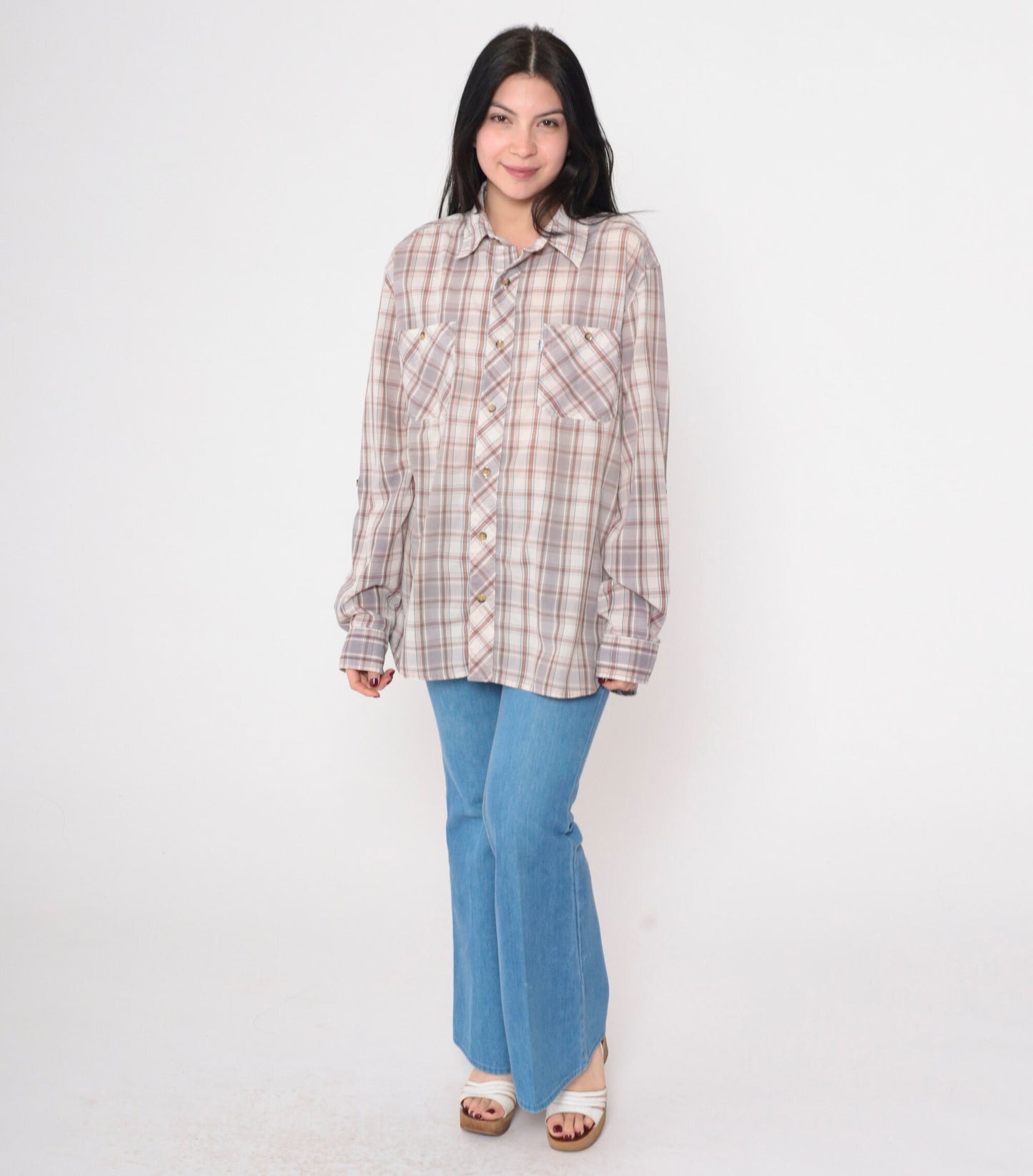 Y2K Levi's Plaid Button-Up Shirt Grey Orange Off-White Tartan Roll Tab Sleeve Large