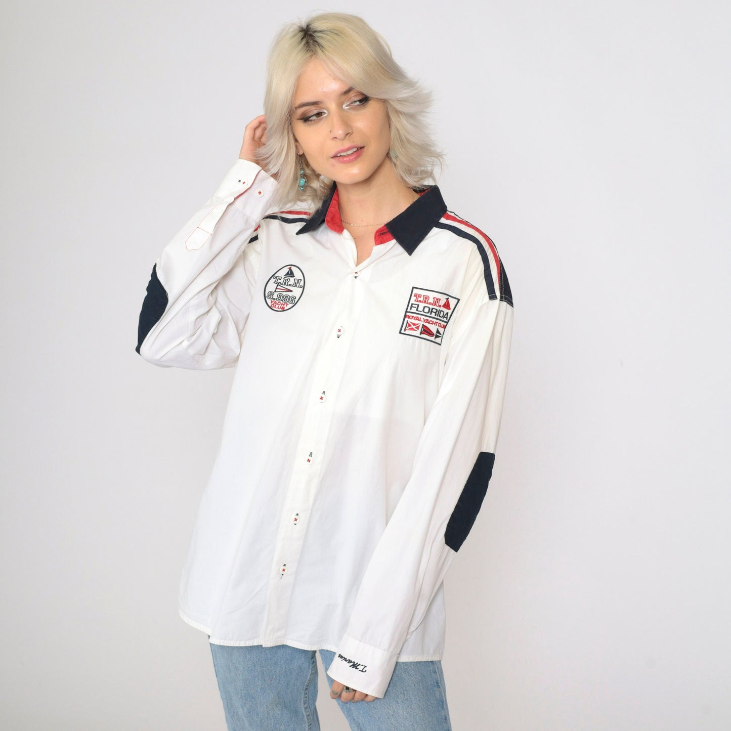 00s Royal Yacht Club Embroidered Button-Up Shirt White Patriotic American Flag Large