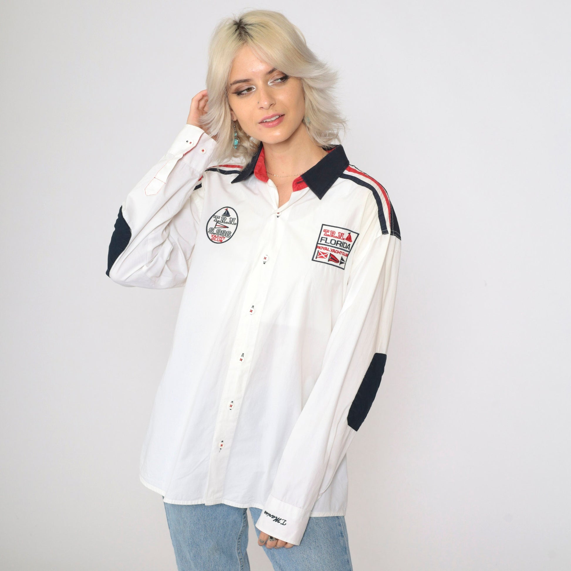 00s Royal Yacht Club Embroidered Button-Up Shirt White Patriotic American Flag Large