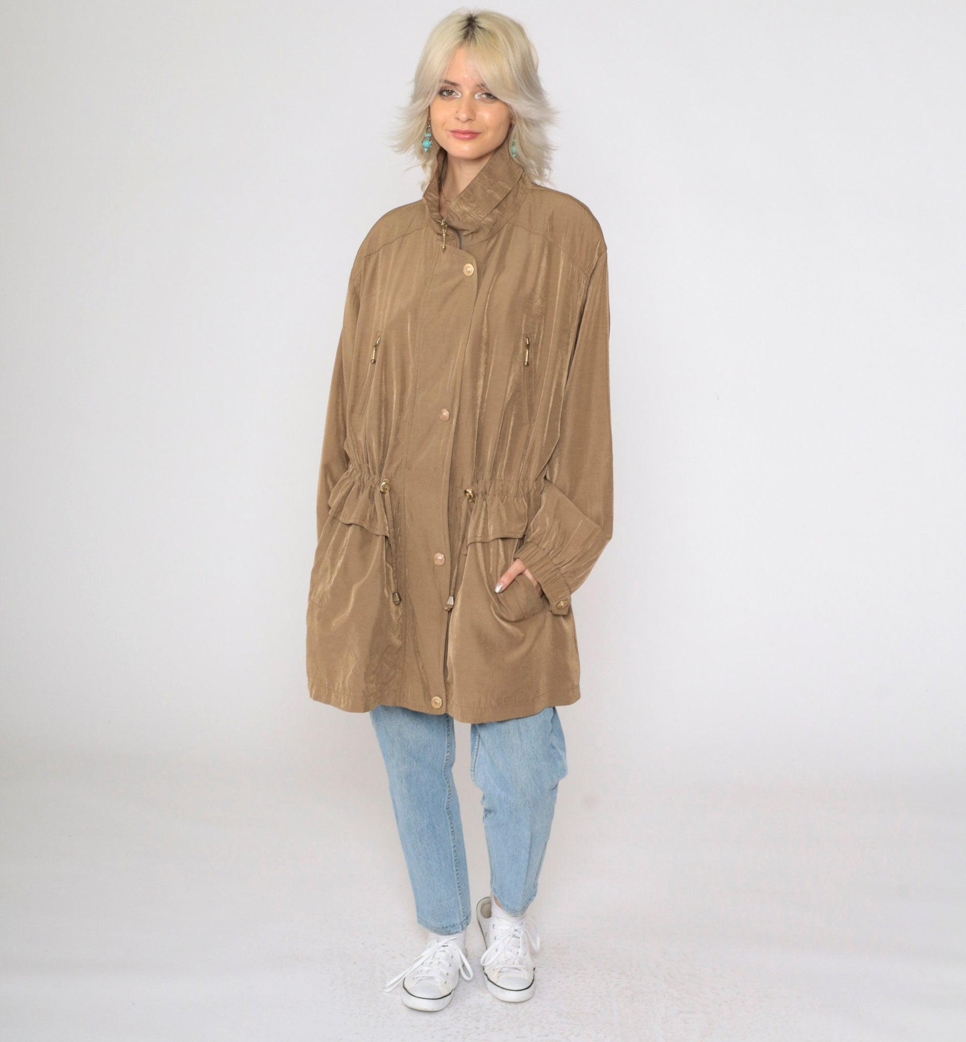 90s Plus Size Brown Windbreaker Jacket Drawstring Waist Zip Pockets XXL