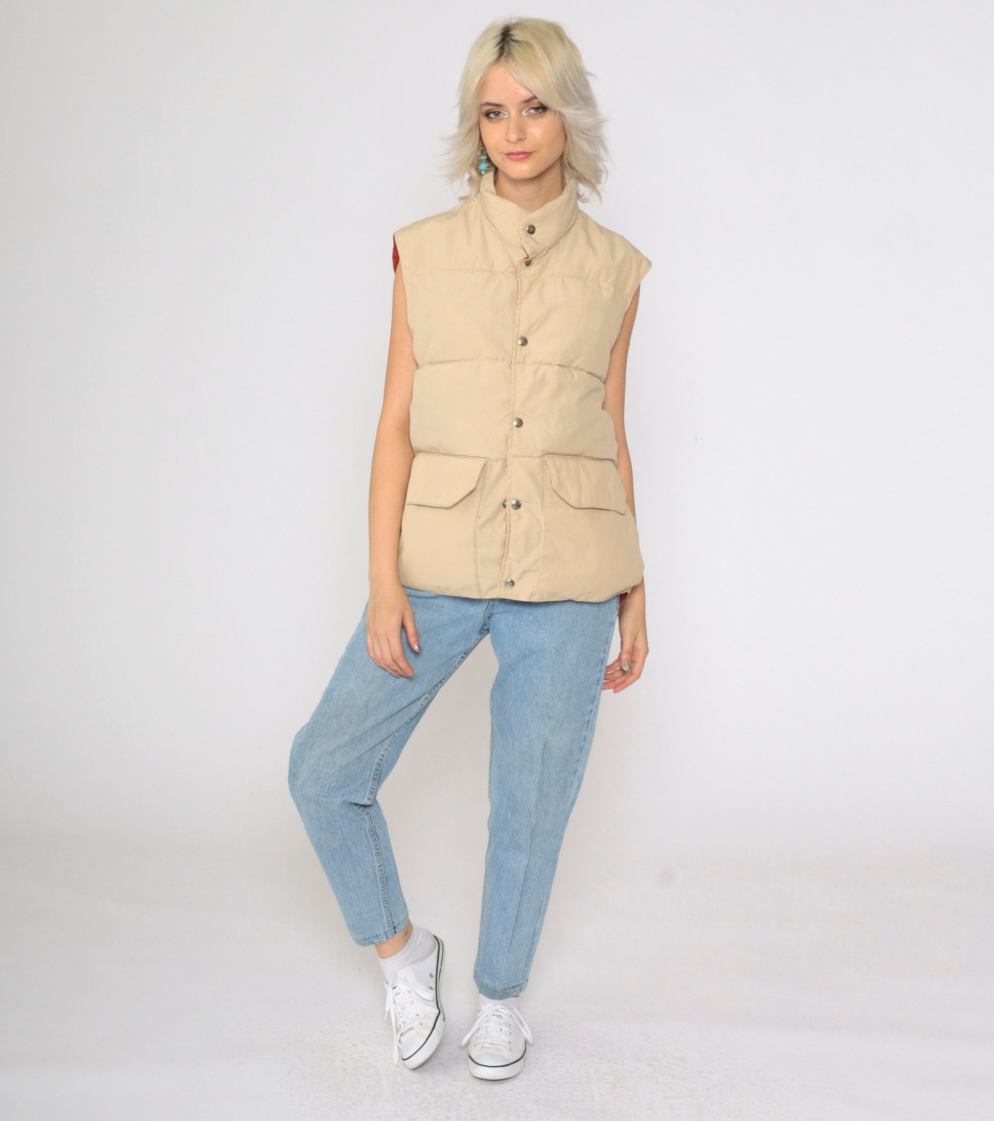 80s Trailwear Tan Down Puffer Vest Snap Front Sleeveless Medium