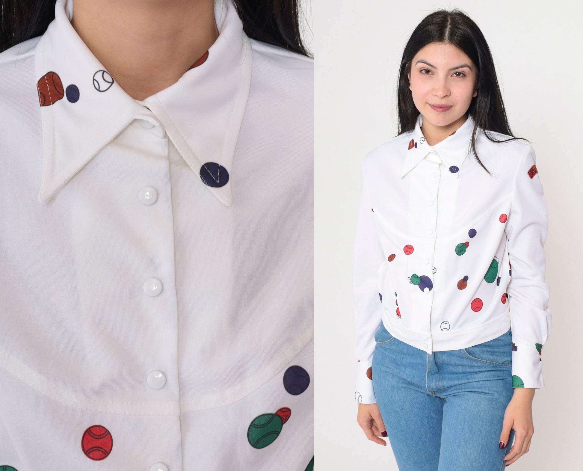 70s Oleg Cassini Tennis Ball Print Blouse White Dagger Collar Medium
