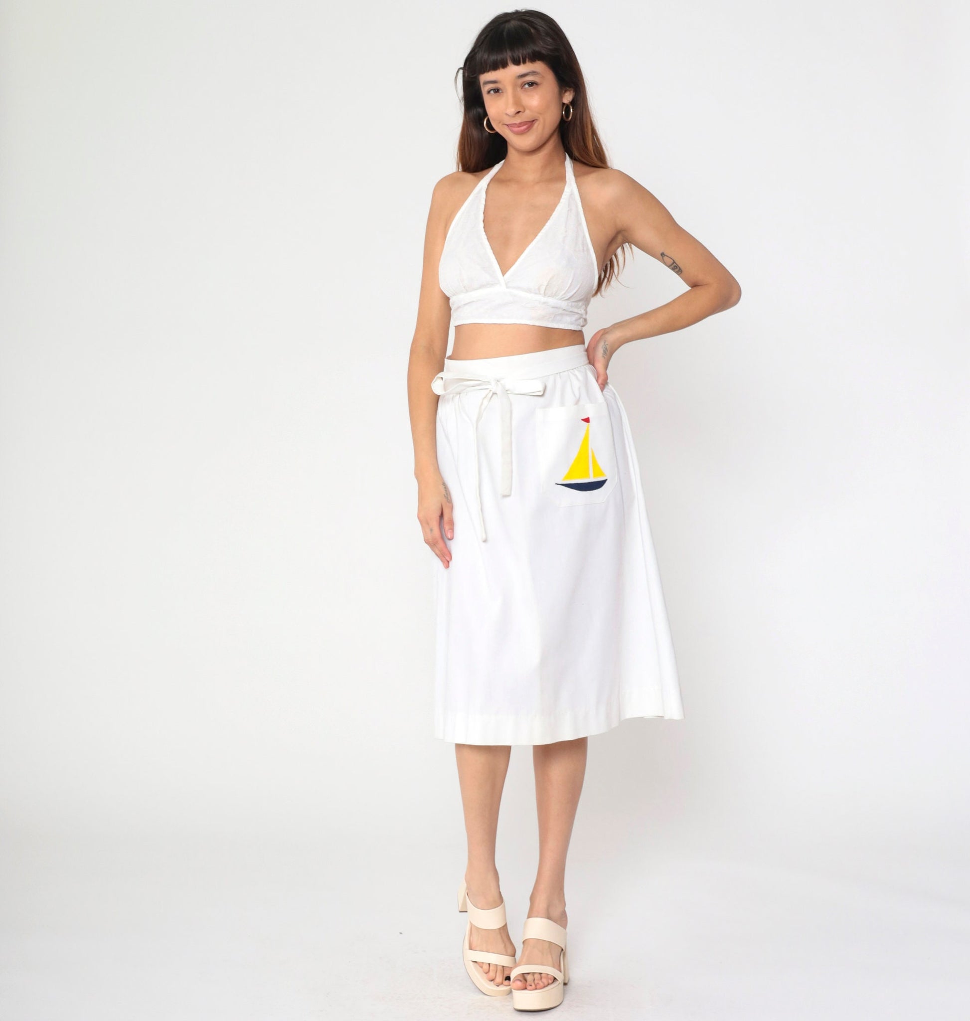 70s Nautical Wrap Skirt White Sailboat Pocket Midi High Waist Small
