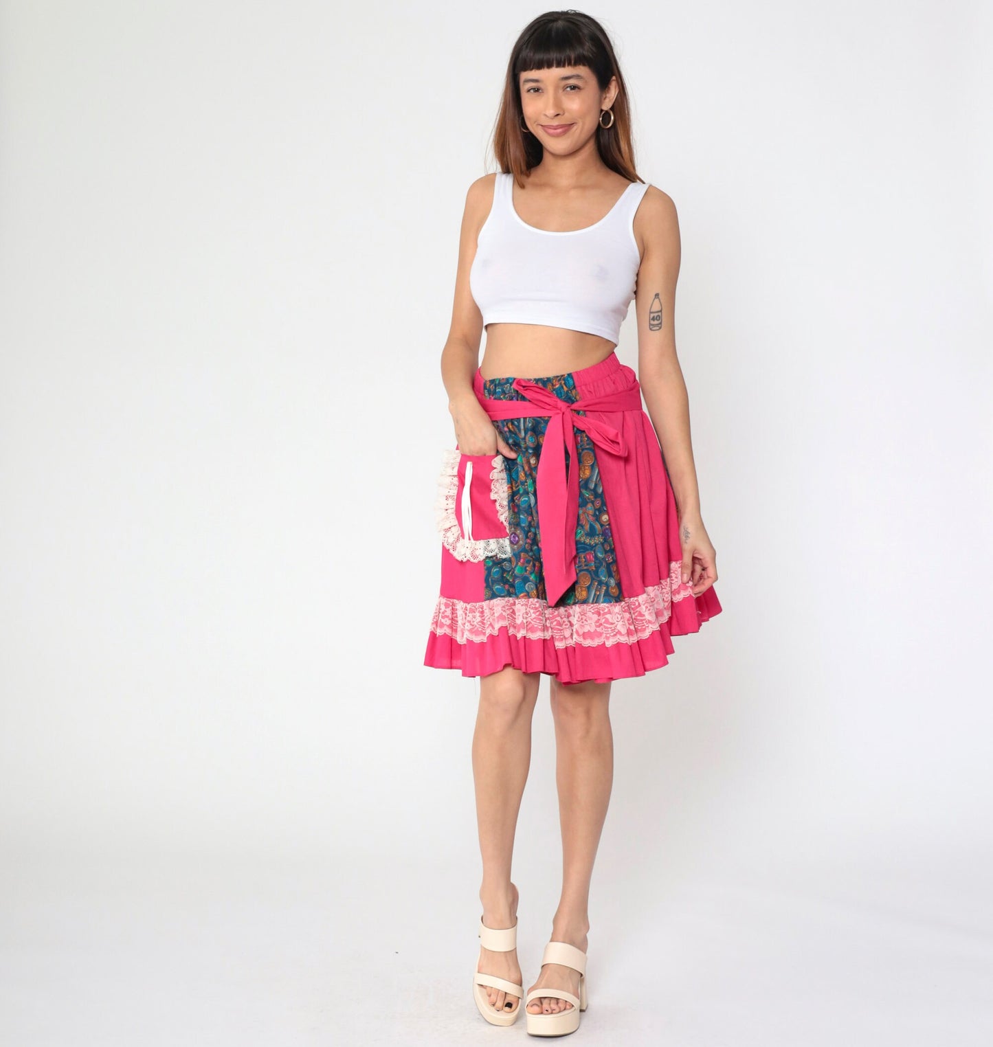 80s Patchwork Midi Skirt Pink Blue Binocular Print High-Waisted Lace Trim Medium