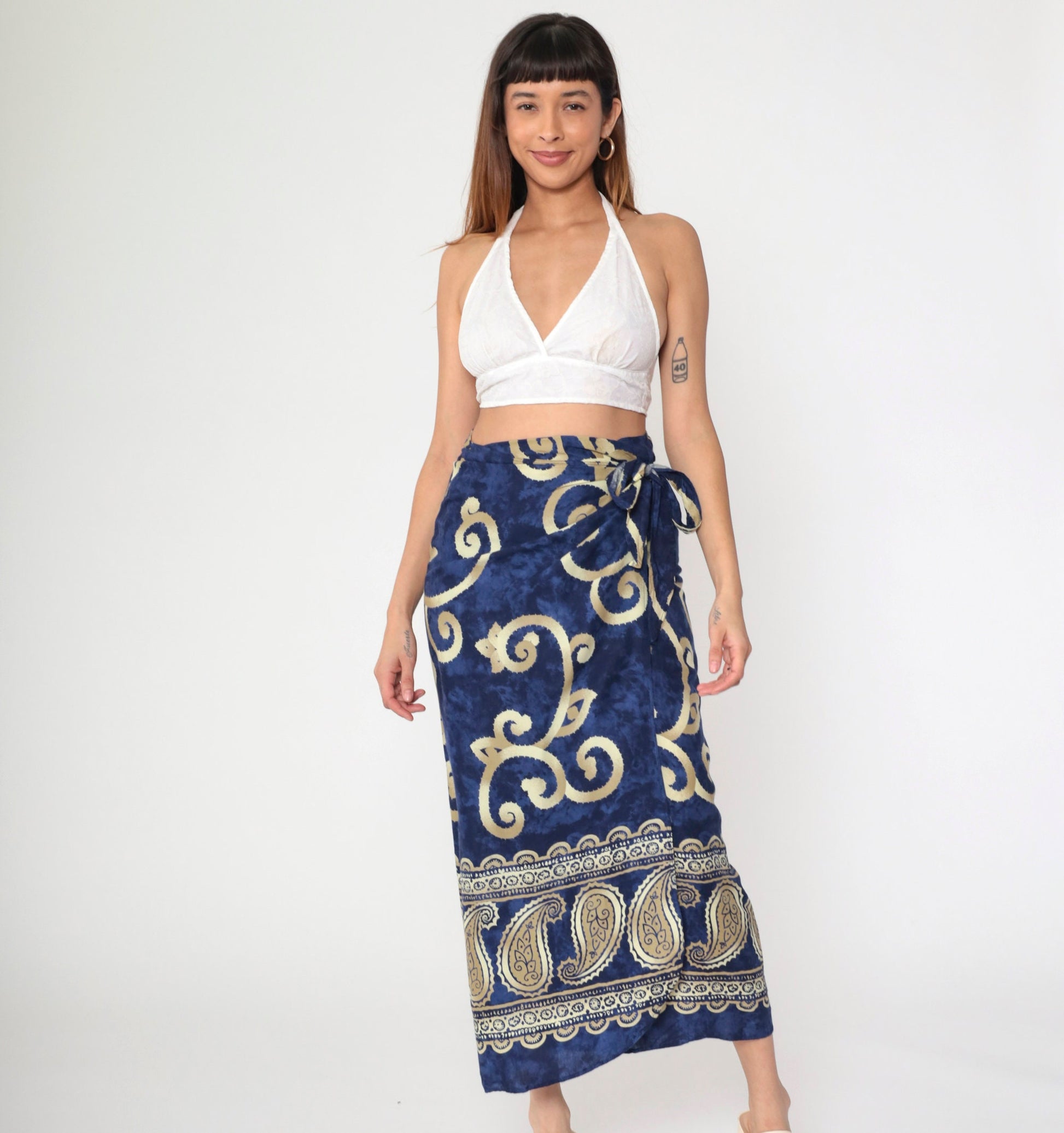 Y2K Sarong Wrap Skirt Paisley Scroll Print Dark Blue Midi Medium Large