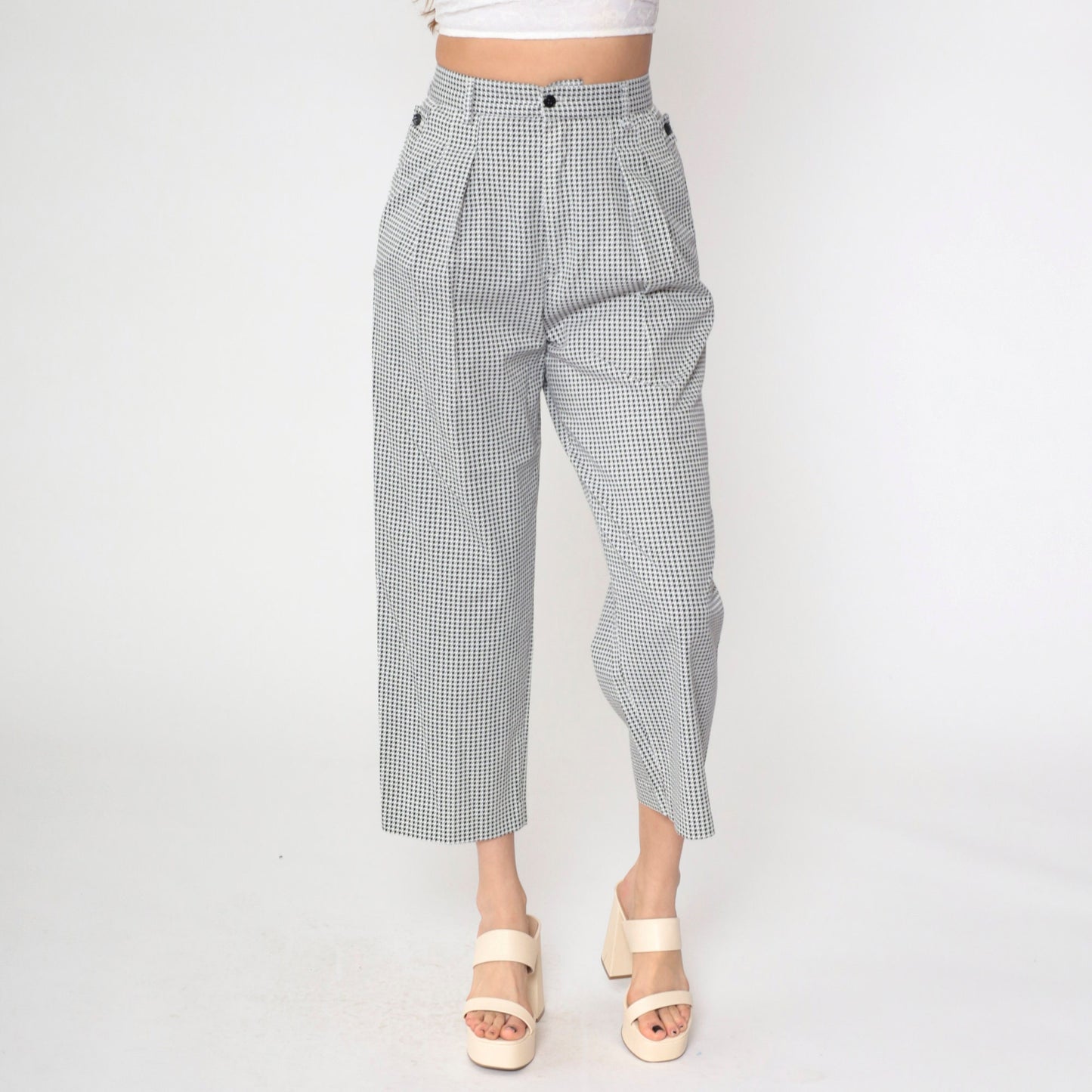 90s Houndstooth Cropped Trousers High Waist Pleated Black White Small