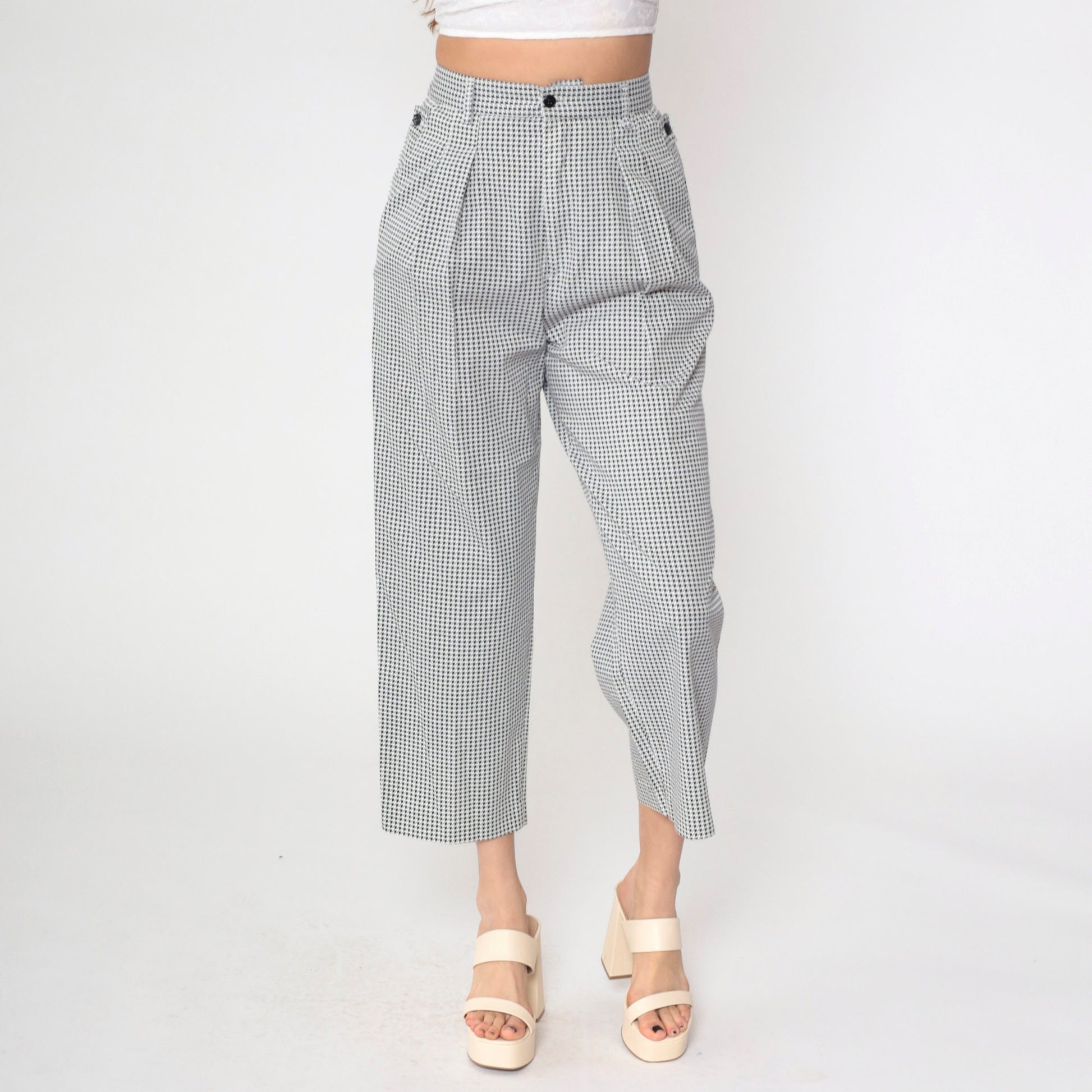 90s Houndstooth Cropped Trousers High Waist Pleated Black White Small
