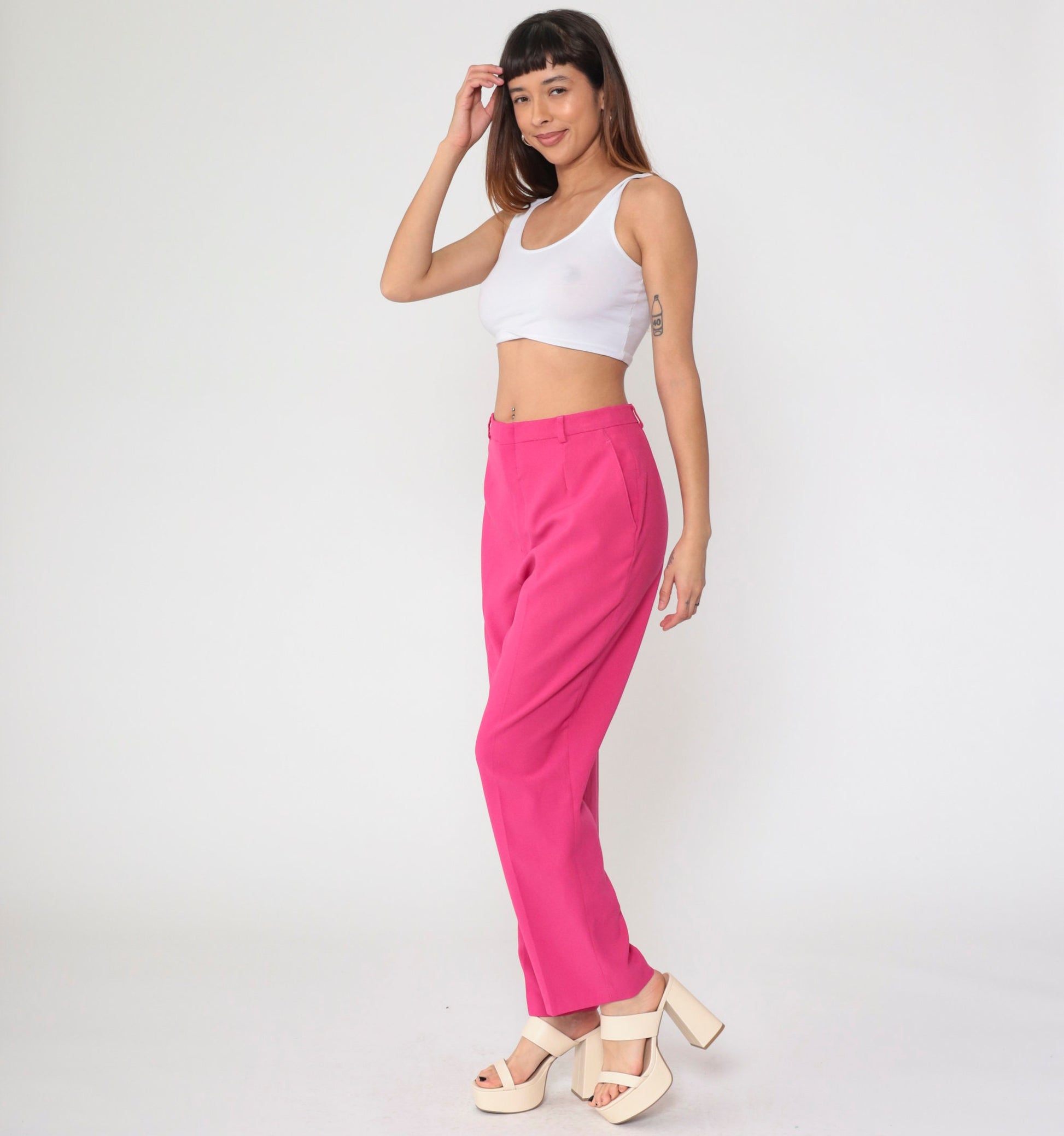 80s Haggar Hot Pink High-Waist Straight Trousers Size 14