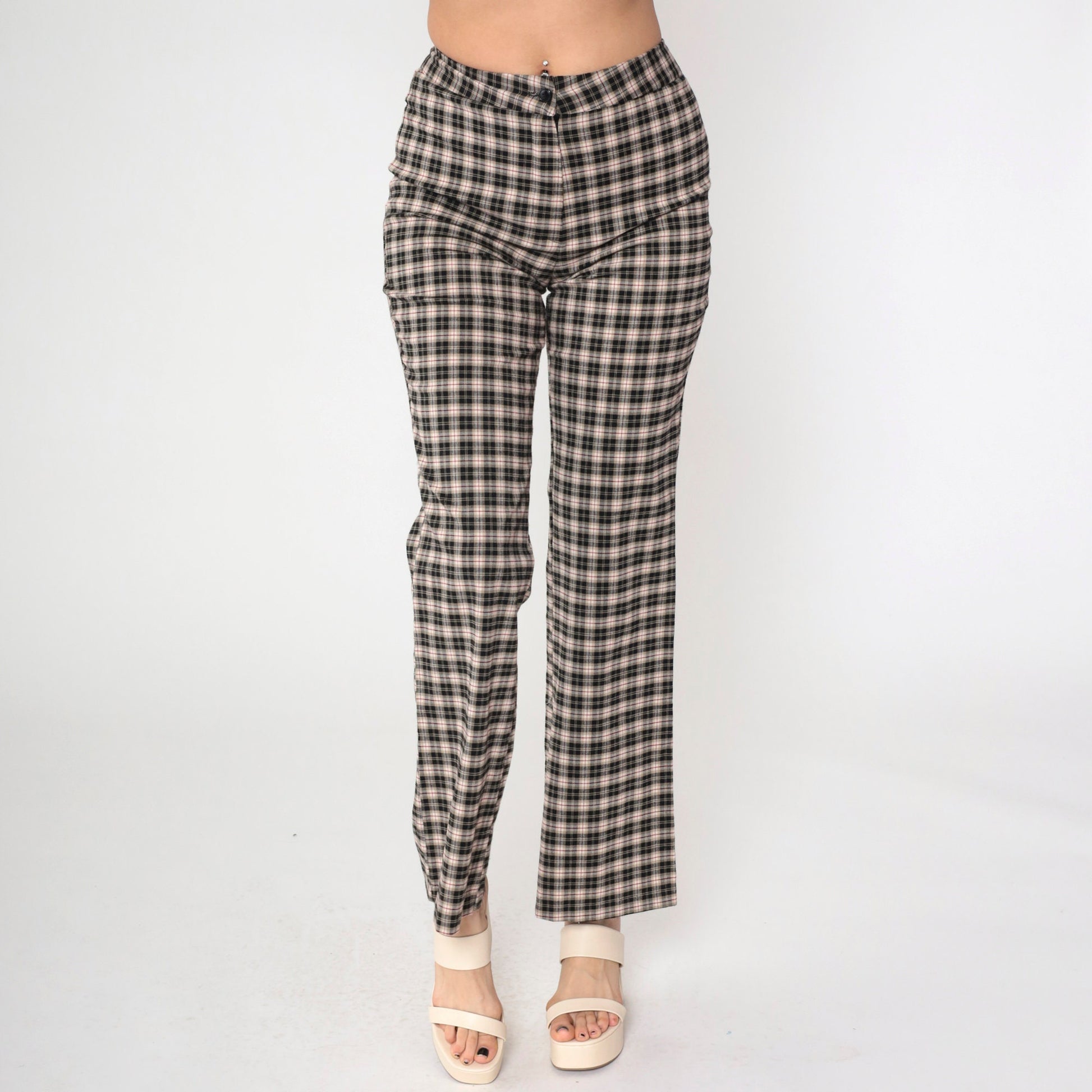 90s Star City Plaid Flared Trousers Black Tan Mid Rise Small 7