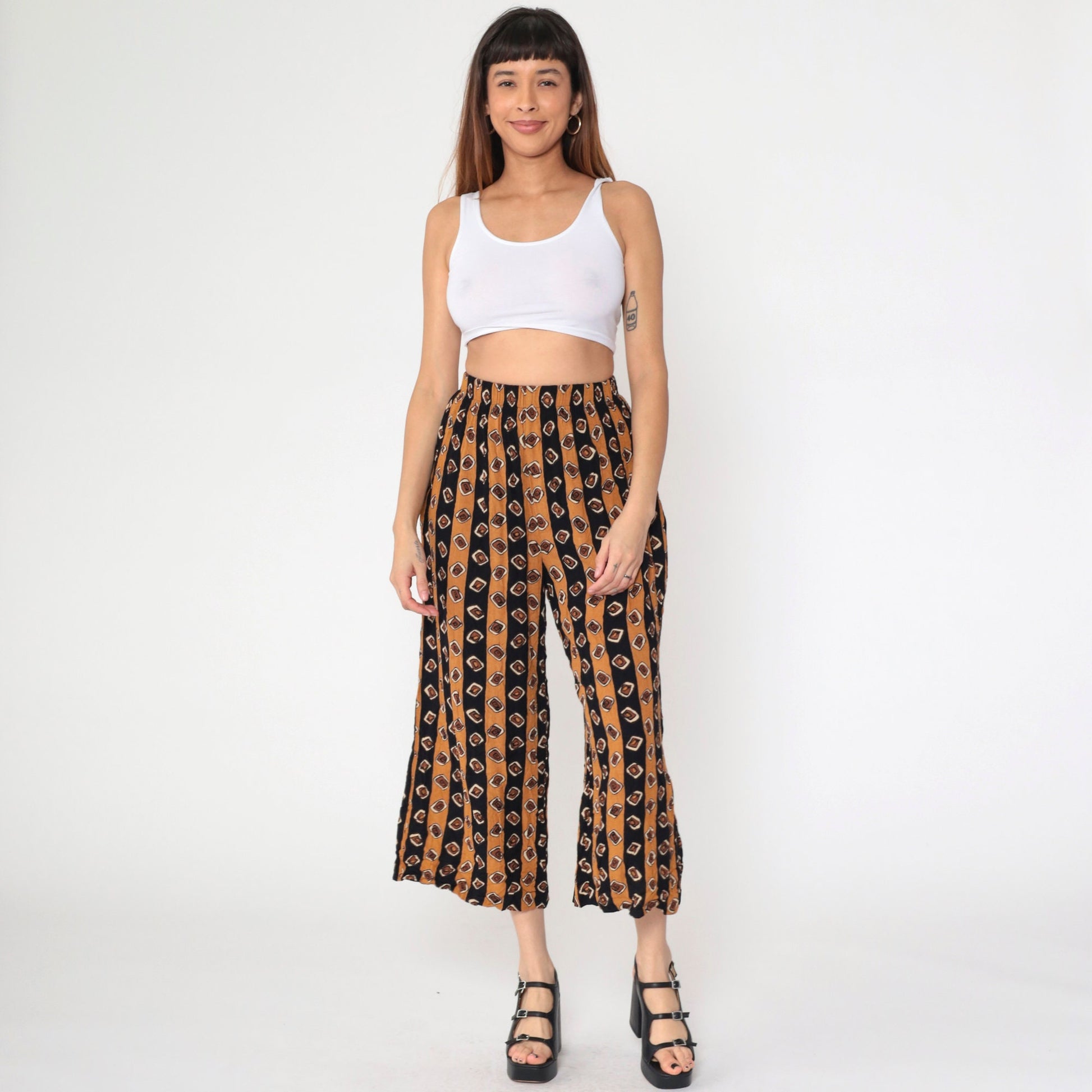 90s Geometric Striped Rayon Capri Pants Burnt Orange Black Elastic Waist XS