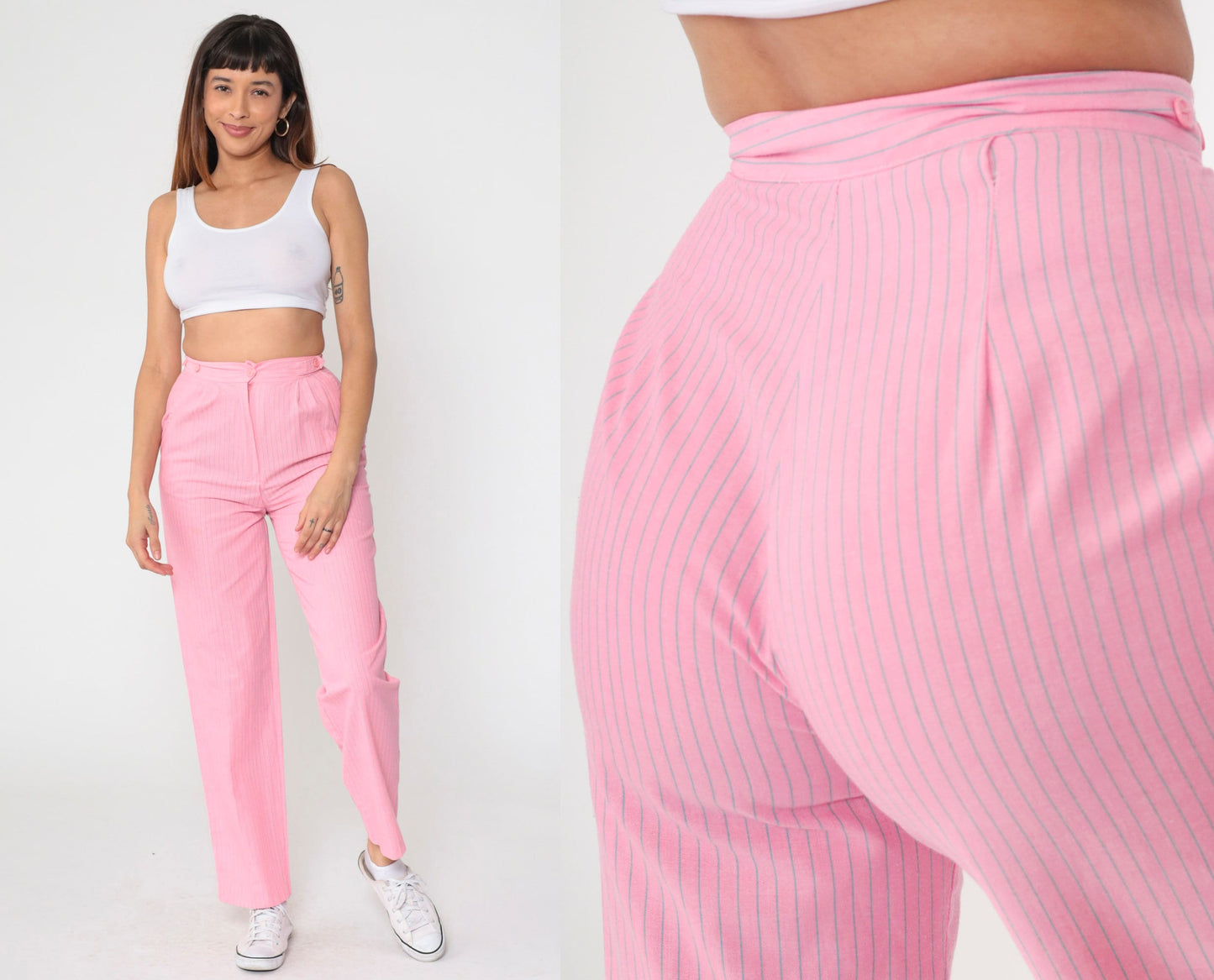 80s Pink Pinstripe High-Rise Pleated Trousers Straight Leg Small