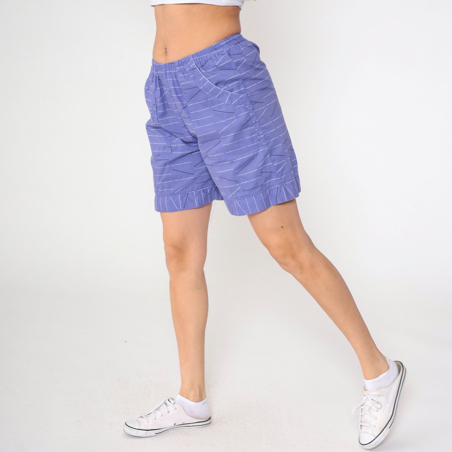 Y2K Purple Striped Shorts Elastic Waist High Rise Cotton Small Medium