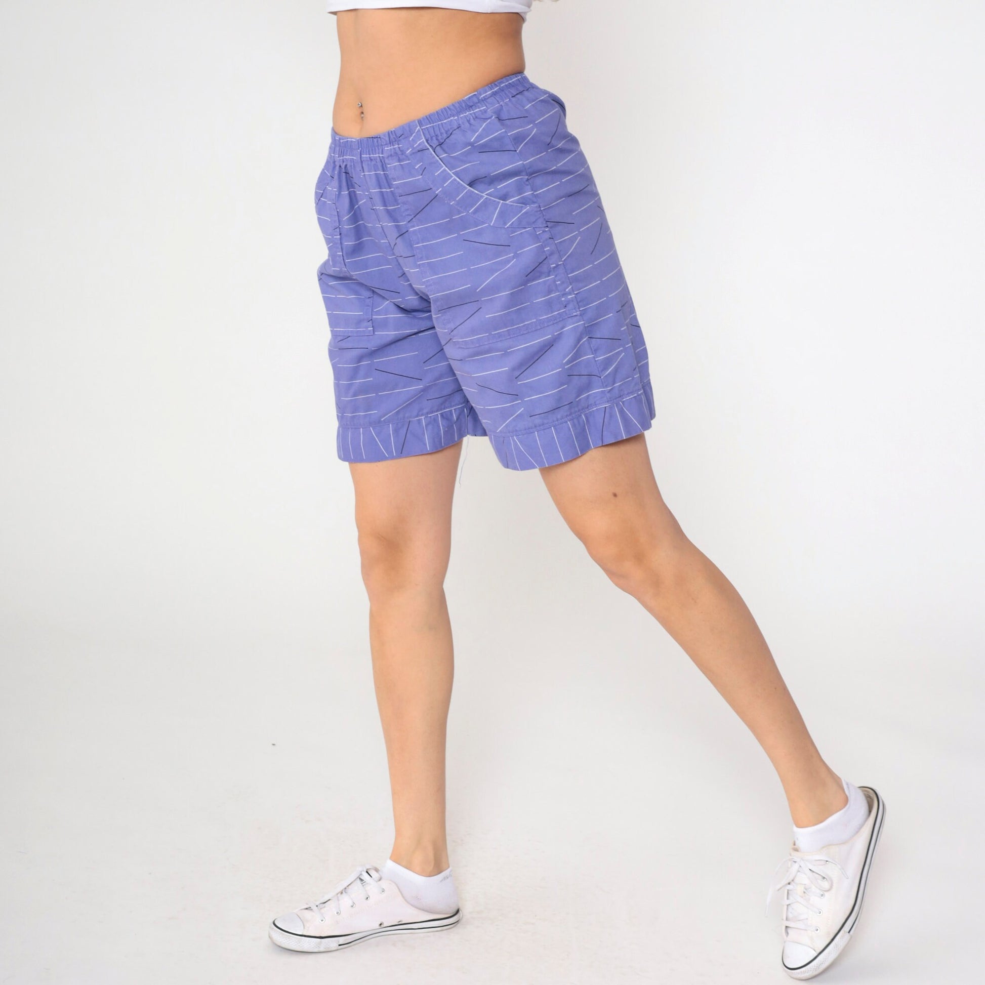 Y2K Purple Striped Shorts Elastic Waist High Rise Cotton Small Medium