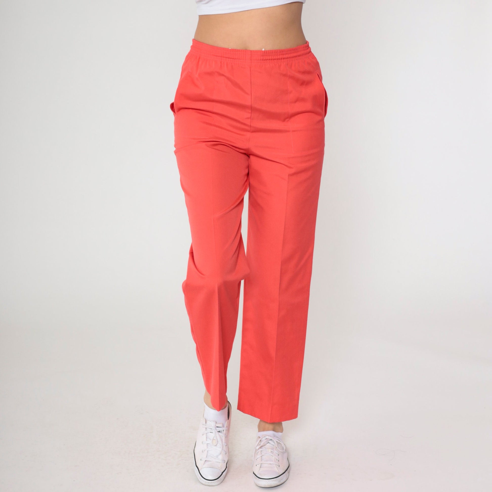 80s Coral Straight Leg Elastic Waist Trousers High Rise Small Medium