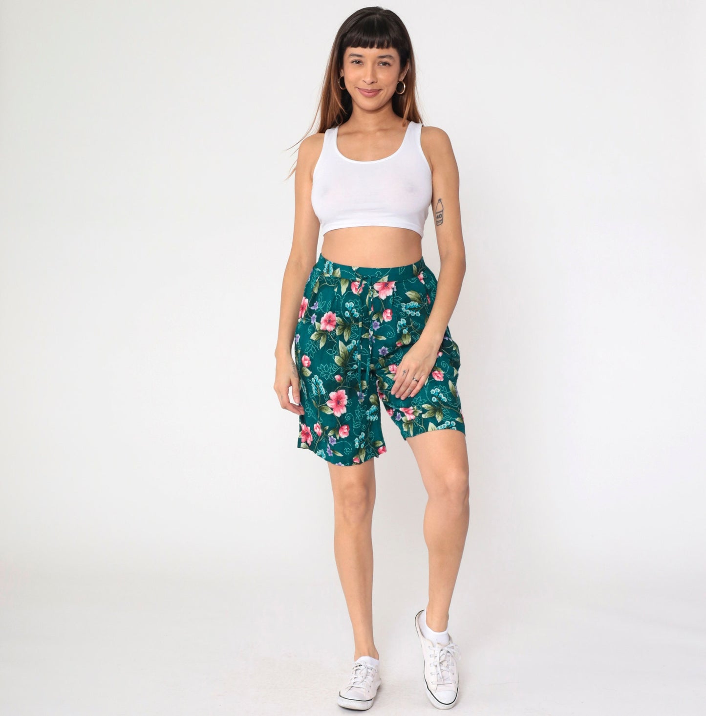 90s Jaclyn Smith Floral Shorts Teal Rayon High Waist Pleated Bermuda Medium