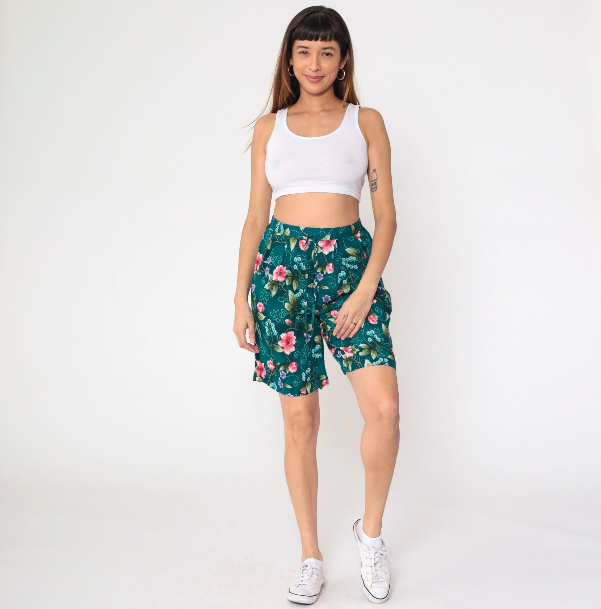90s Jaclyn Smith Floral Shorts Teal Rayon High Waist Pleated Bermuda Medium