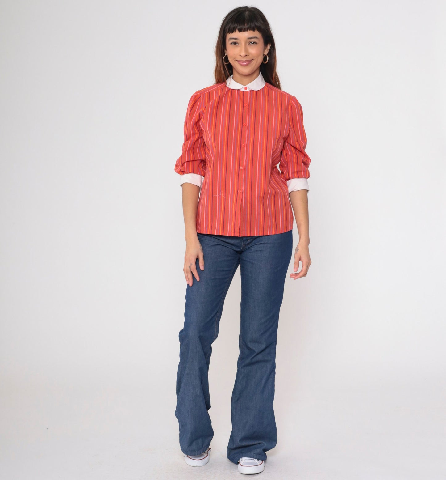 70s Red Striped Peter Pan Collar Blouse 3/4 Sleeve Button Up Medium