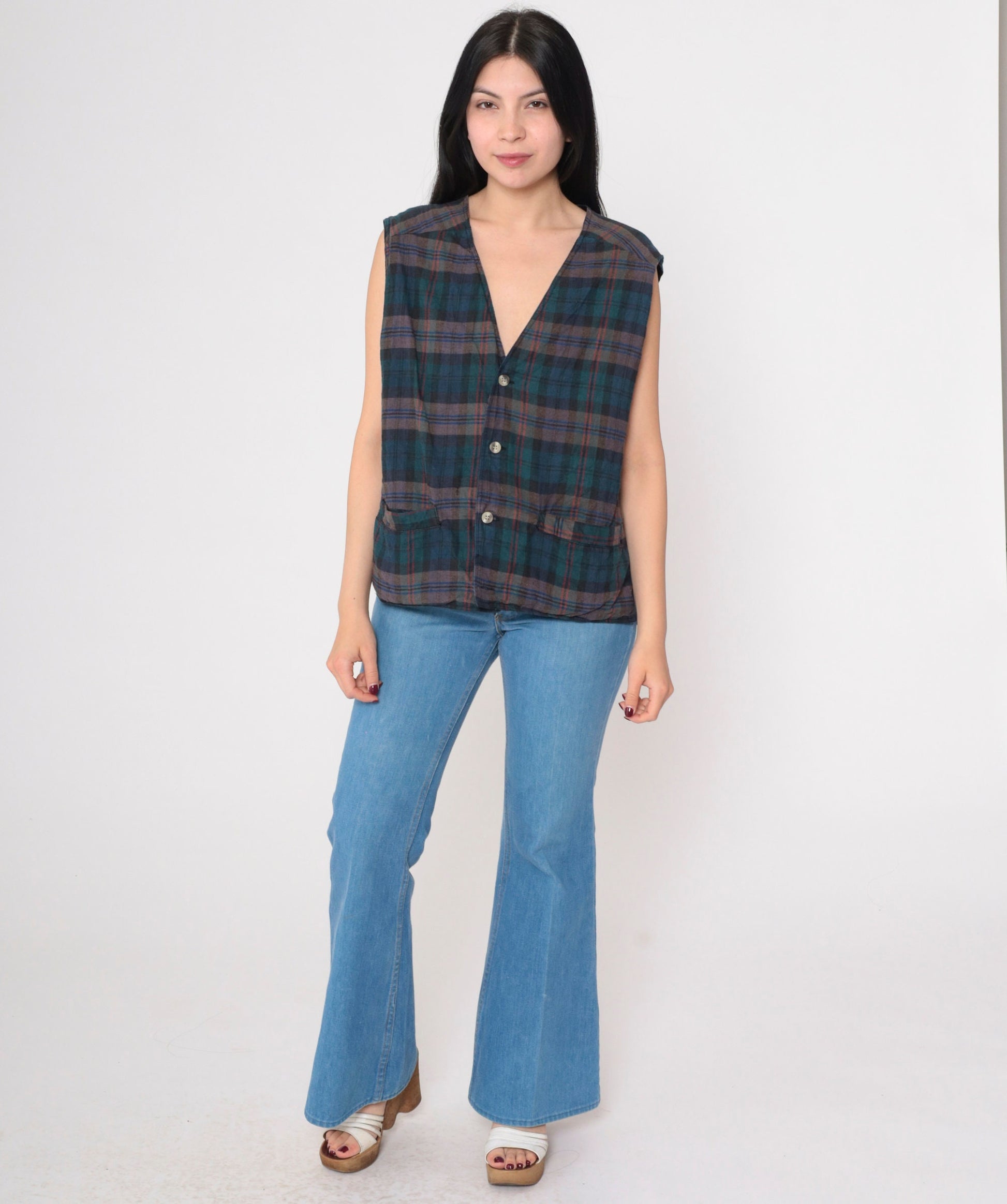 90s Plaid Vest Blue Green Checkered Button Front Sleeveless Medium