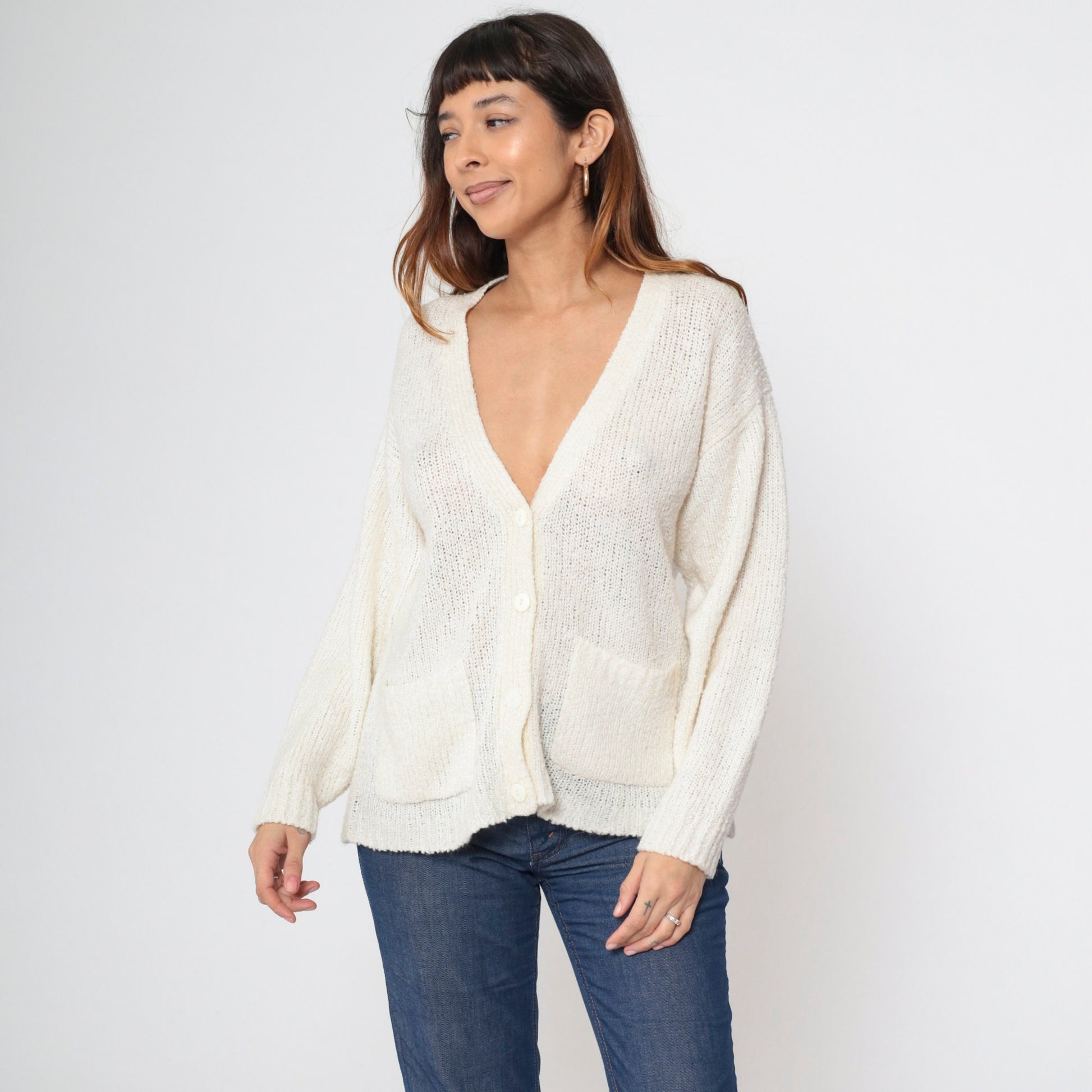 80s Off-White Cardigan Button-Up Knit Sweater V-Neck Pockets Medium