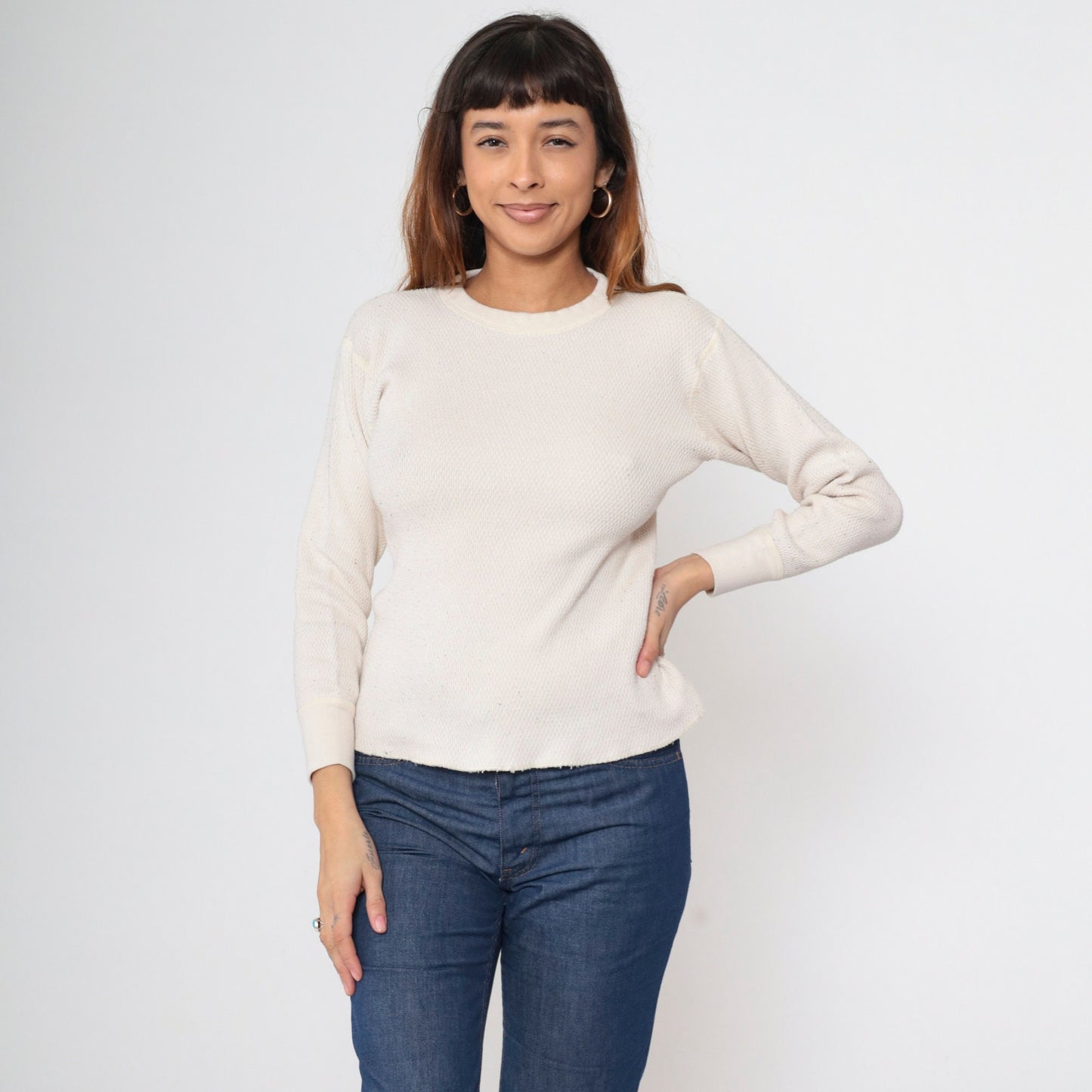 80s Cream Thermal Undershirt Long Sleeve Cotton Knit Medium M