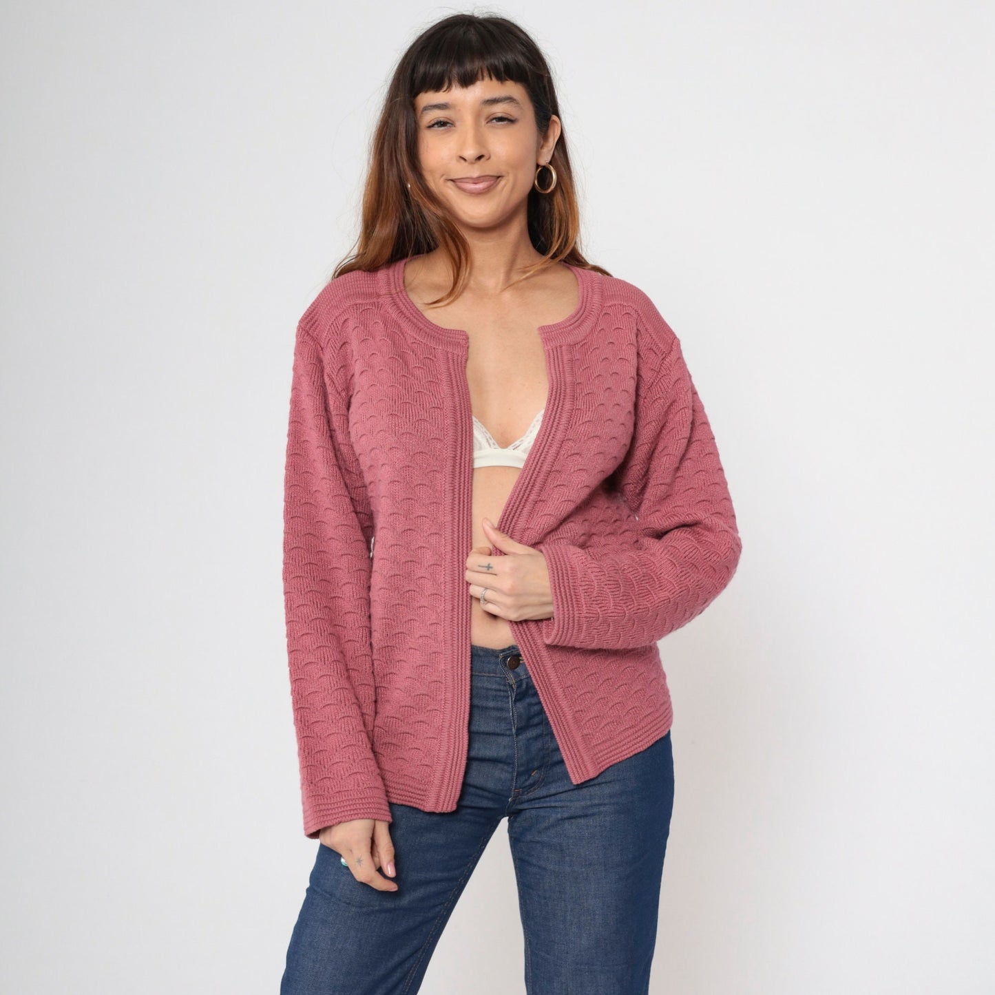 70s Pink Textured Knit Cardigan Open Front Long Sleeve Medium