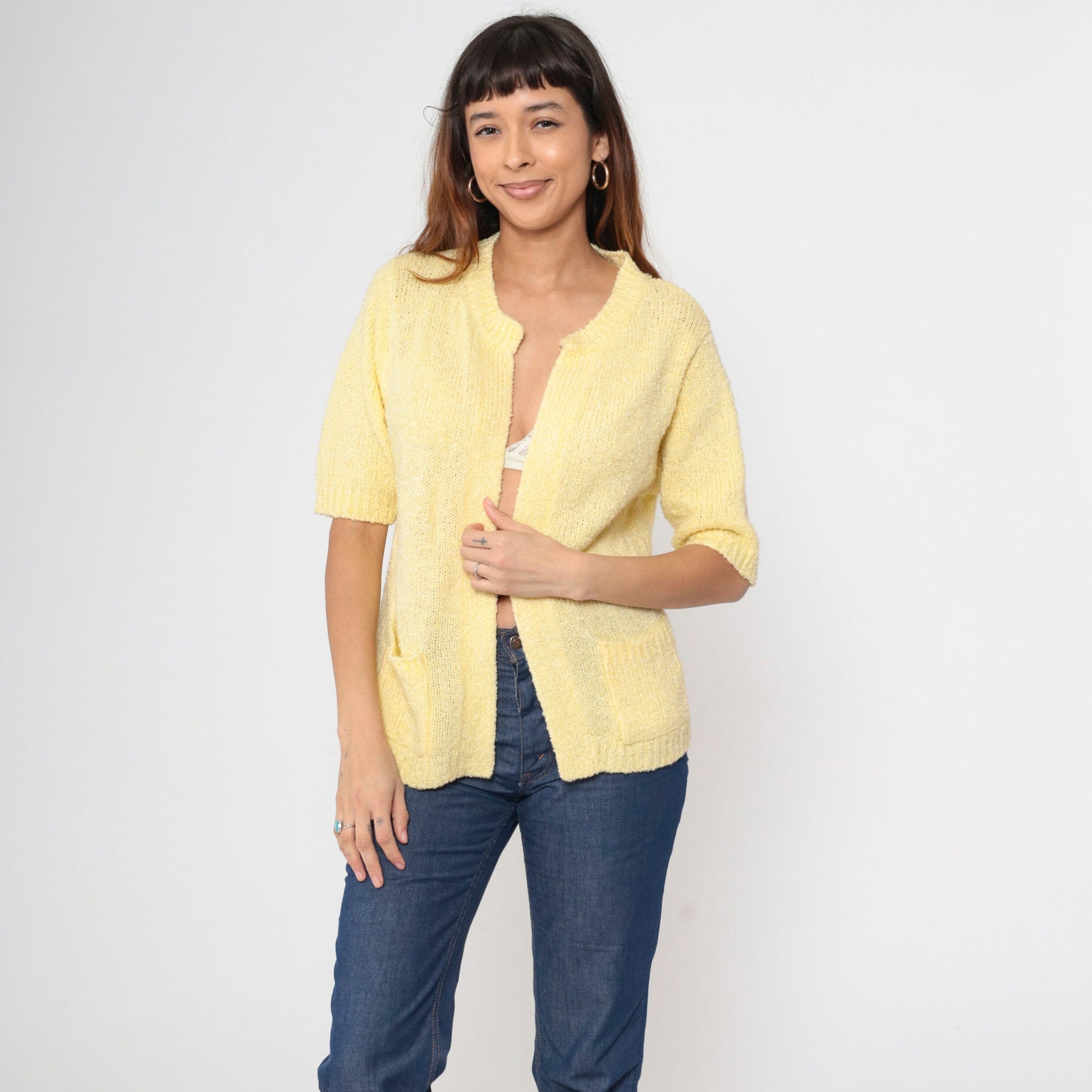 70s Le Chois Yellow Bouclé Cardigan Short Sleeve Open Front Knit Medium
