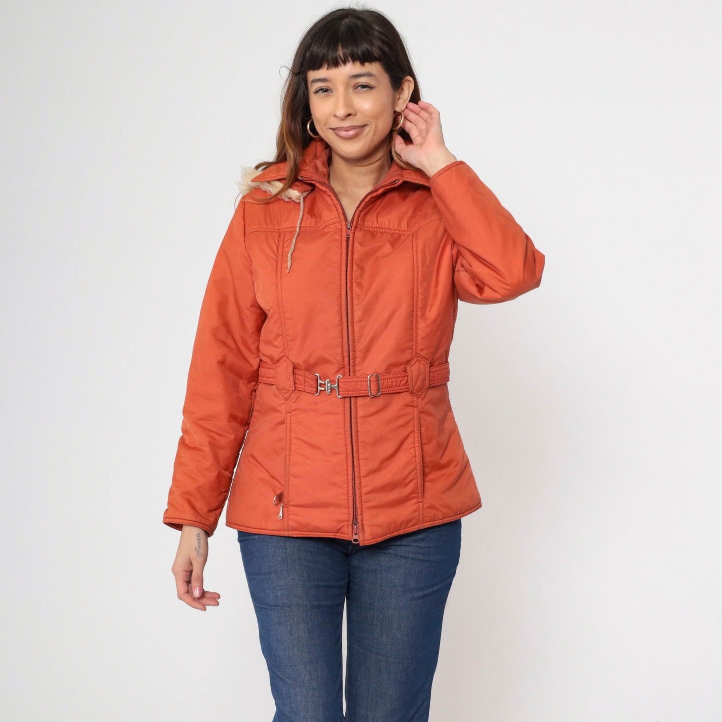 70s JC Penney Parka Jacket Burnt Orange Faux Fur Hood Zip Medium