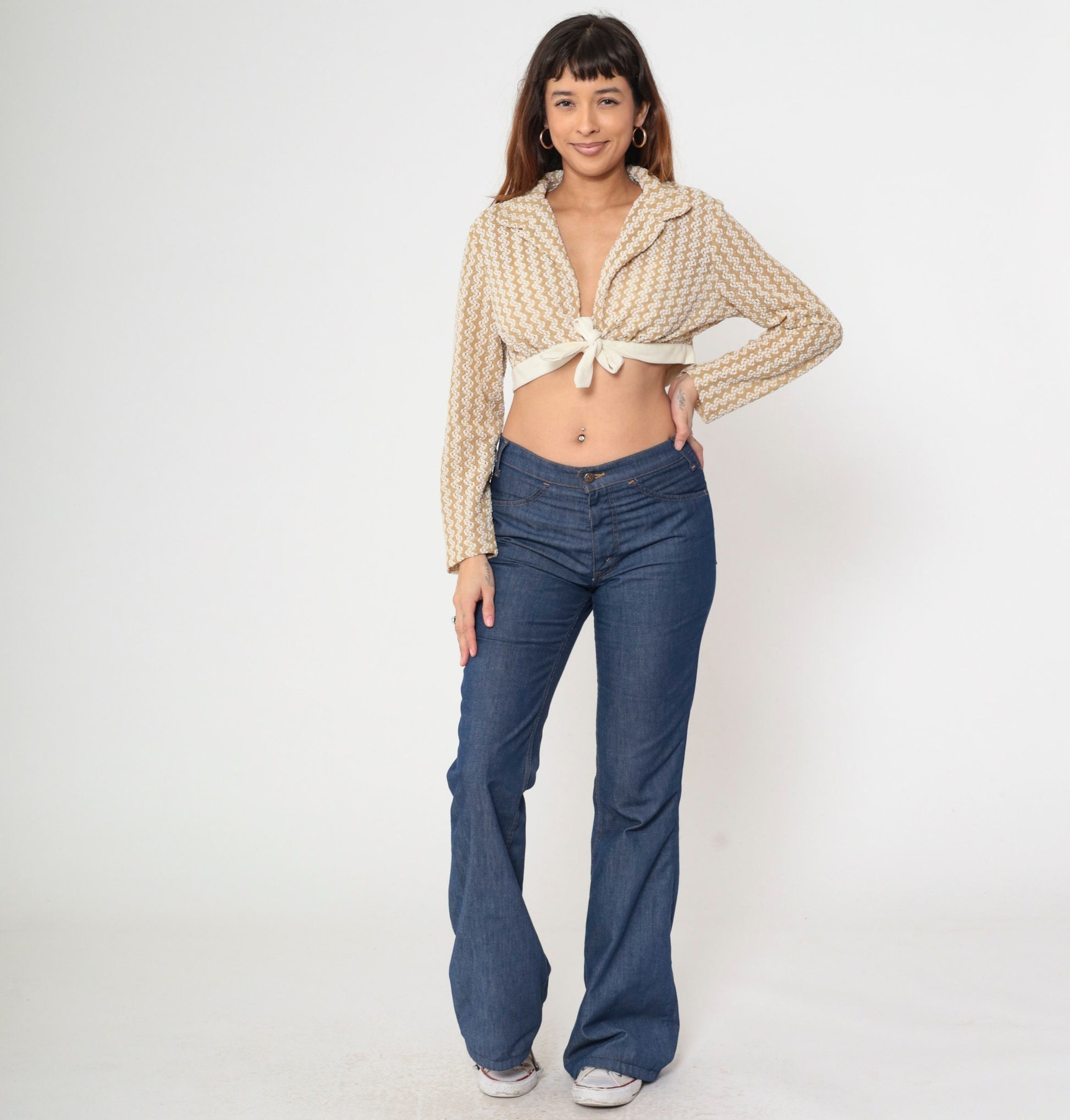 70s Gold Striped Metallic Crop Top Deep V Neck Long Sleeve Knit Medium