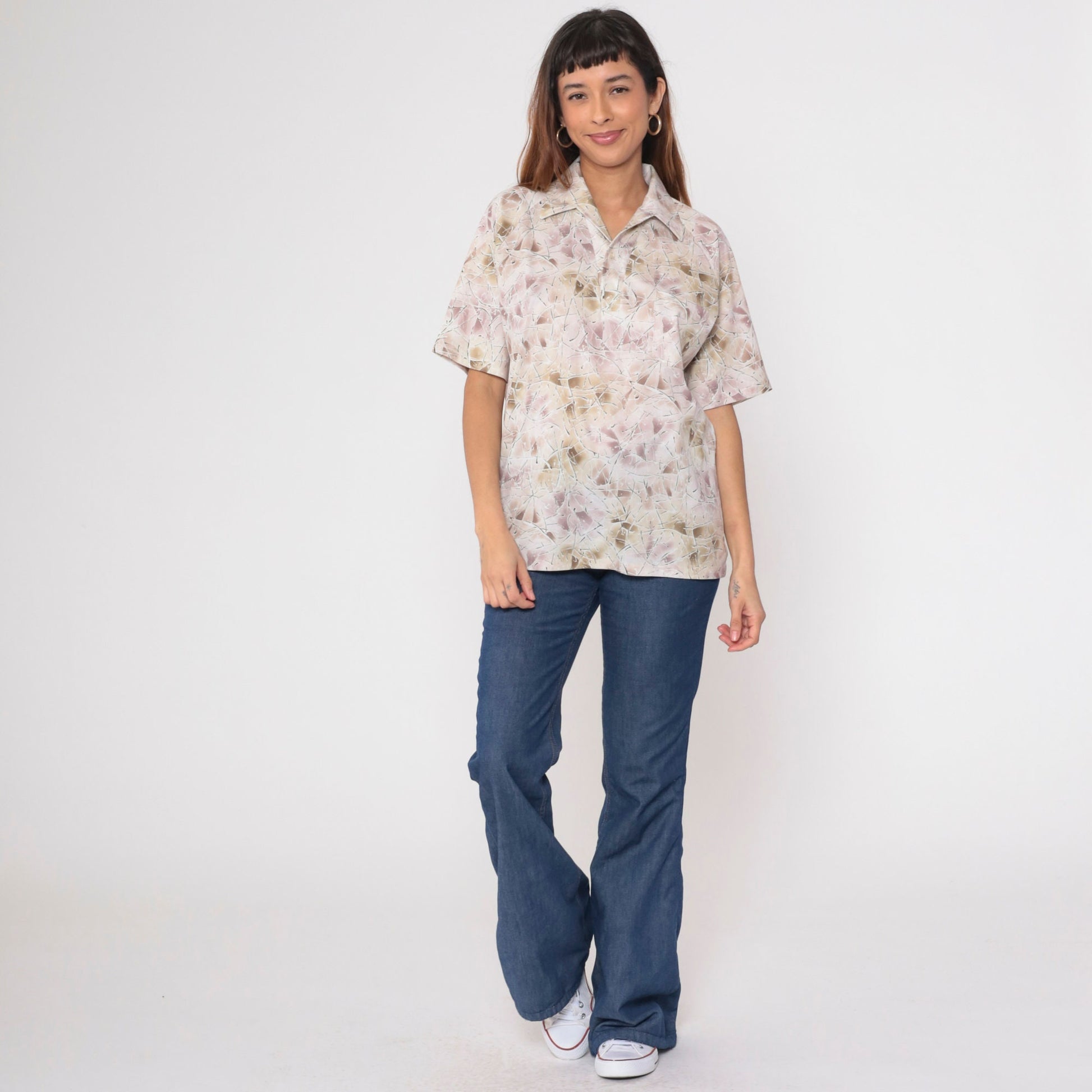 70s Lily Daché Abstract Geometric Print Button-Up Shirt Purple Brown Medium