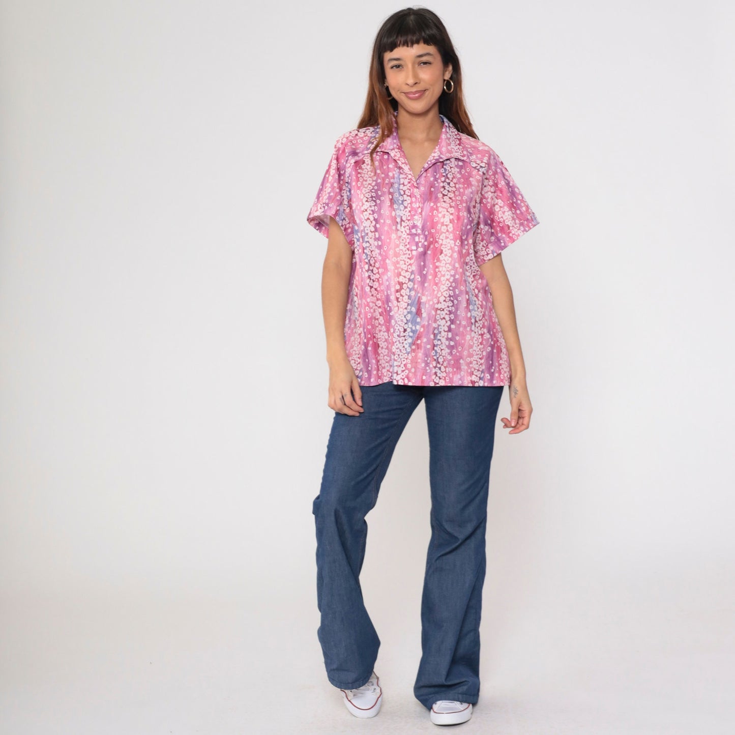 70s John Abbott Abstract Floral Blouse Pink Purple Dagger Collar Large