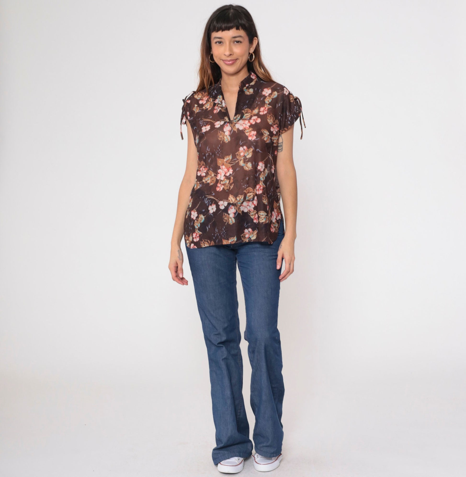 70s Sheer Floral Blouse Tie Sleeve V Neck Brown Pink Shirt Medium Large