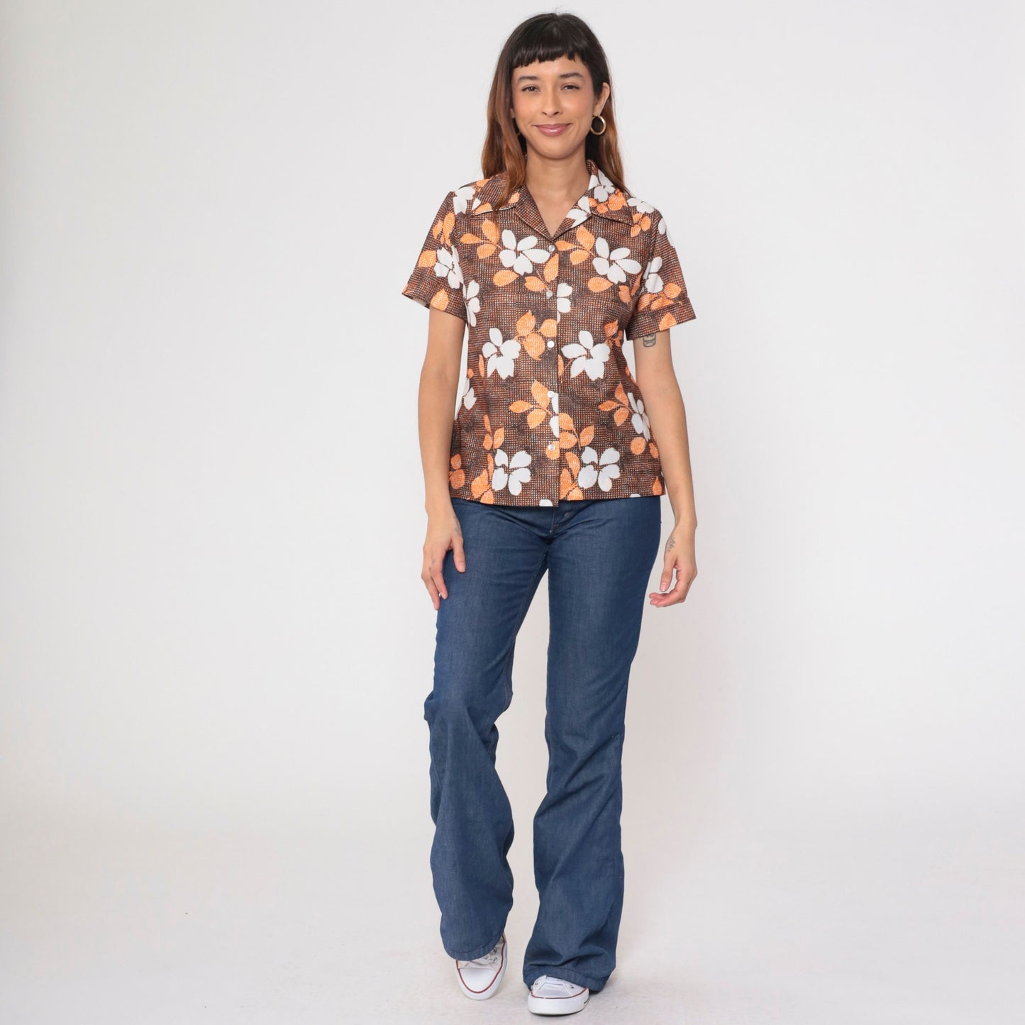 70s Floral Button Up Blouse Brown Orange White Short Sleeve Small Medium