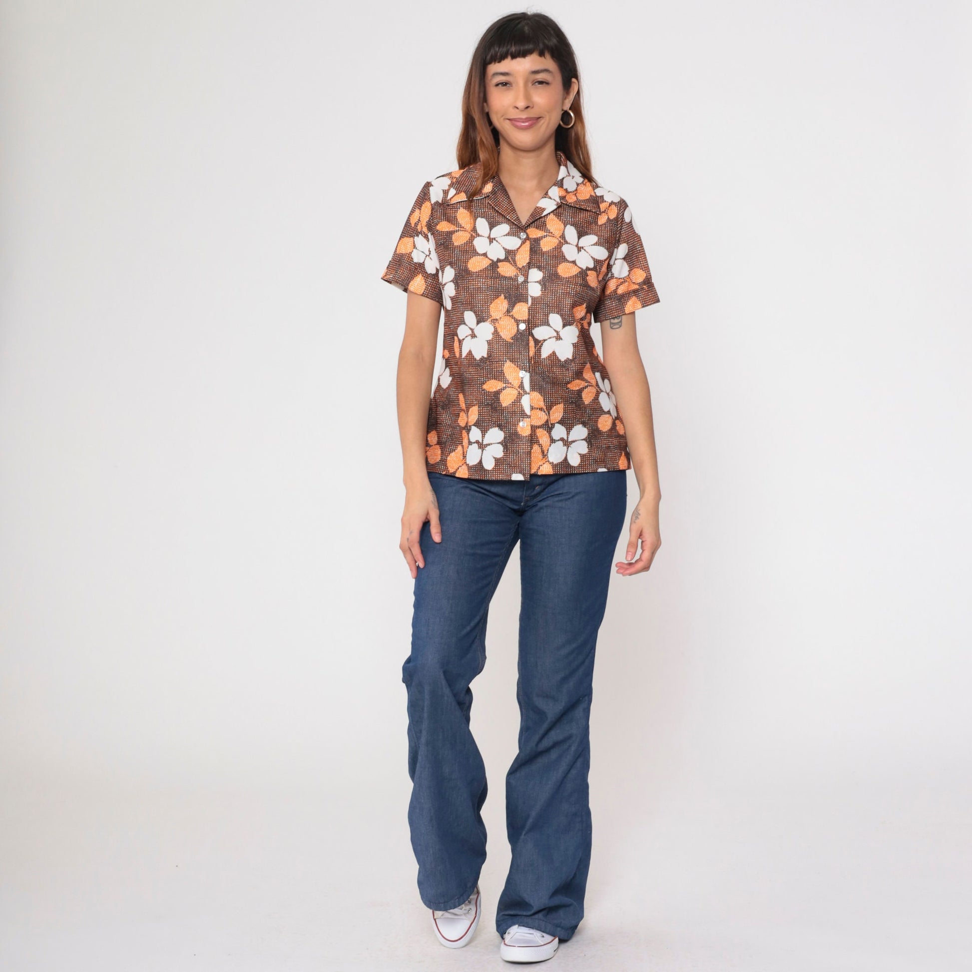 70s Floral Button Up Blouse Brown Orange White Short Sleeve Small Medium