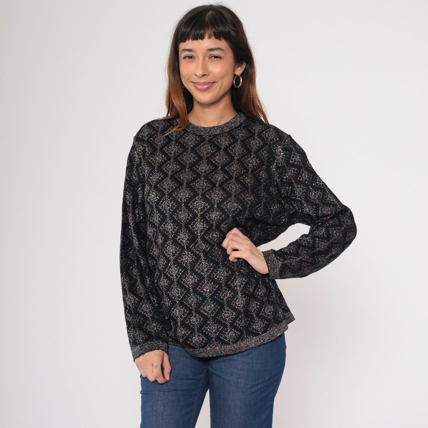80s Metallic Geometric Sweater Black Pink Blue Lurex Knit Crewneck Medium