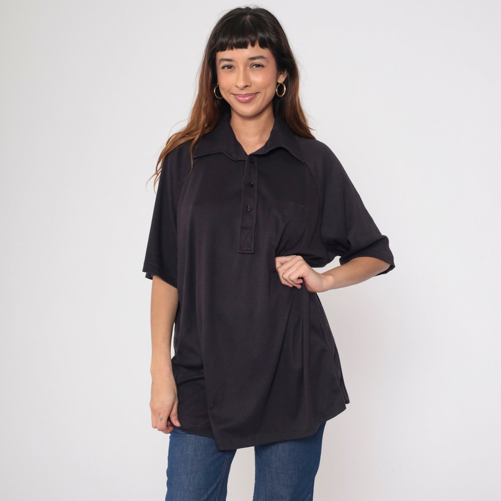 70s Don Loper Black Polo Shirt Raglan Sleeve Half Button Collared Plus Size XXL