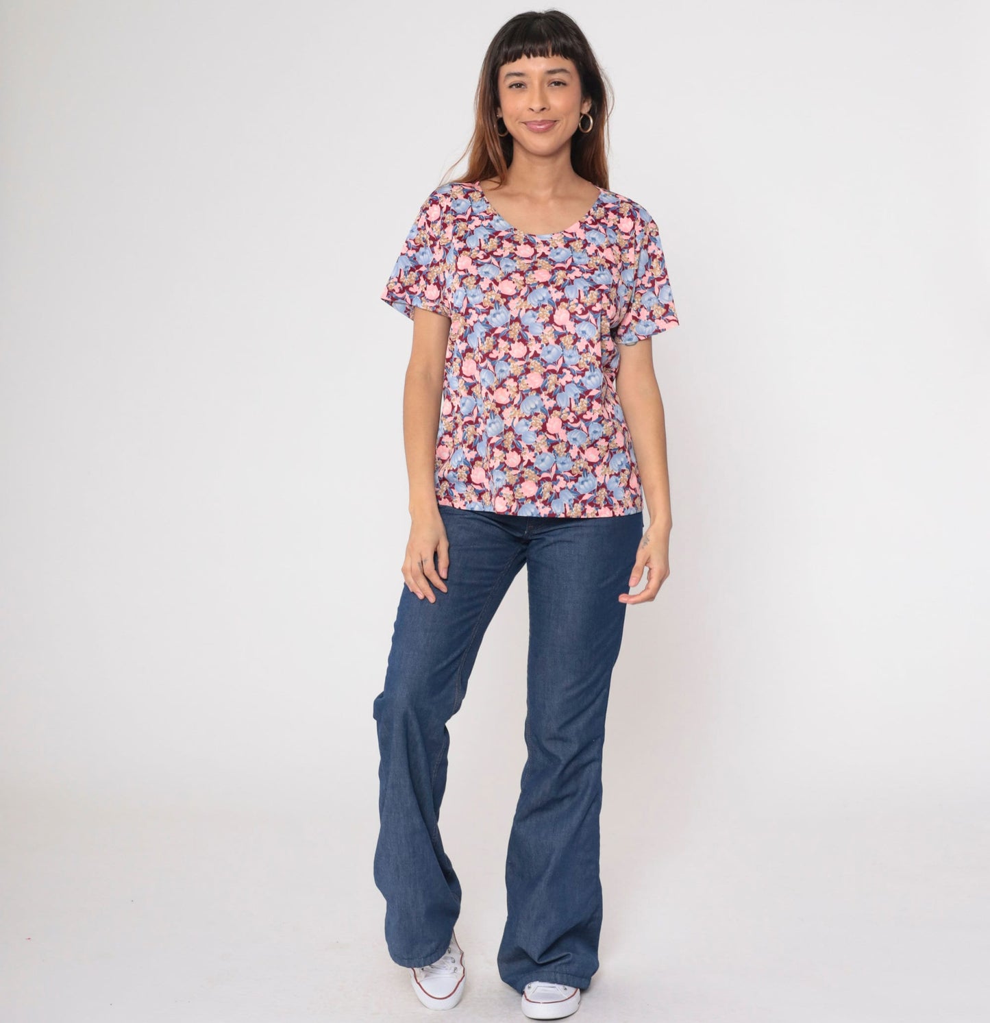 70s Floral Print Blouse Pink Blue Burgundy Short Sleeve Top Large