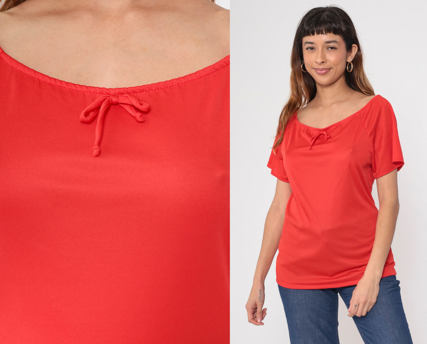 70s Red Bow Neck Blouse Short Raglan Sleeve Tunic Top Extra Small