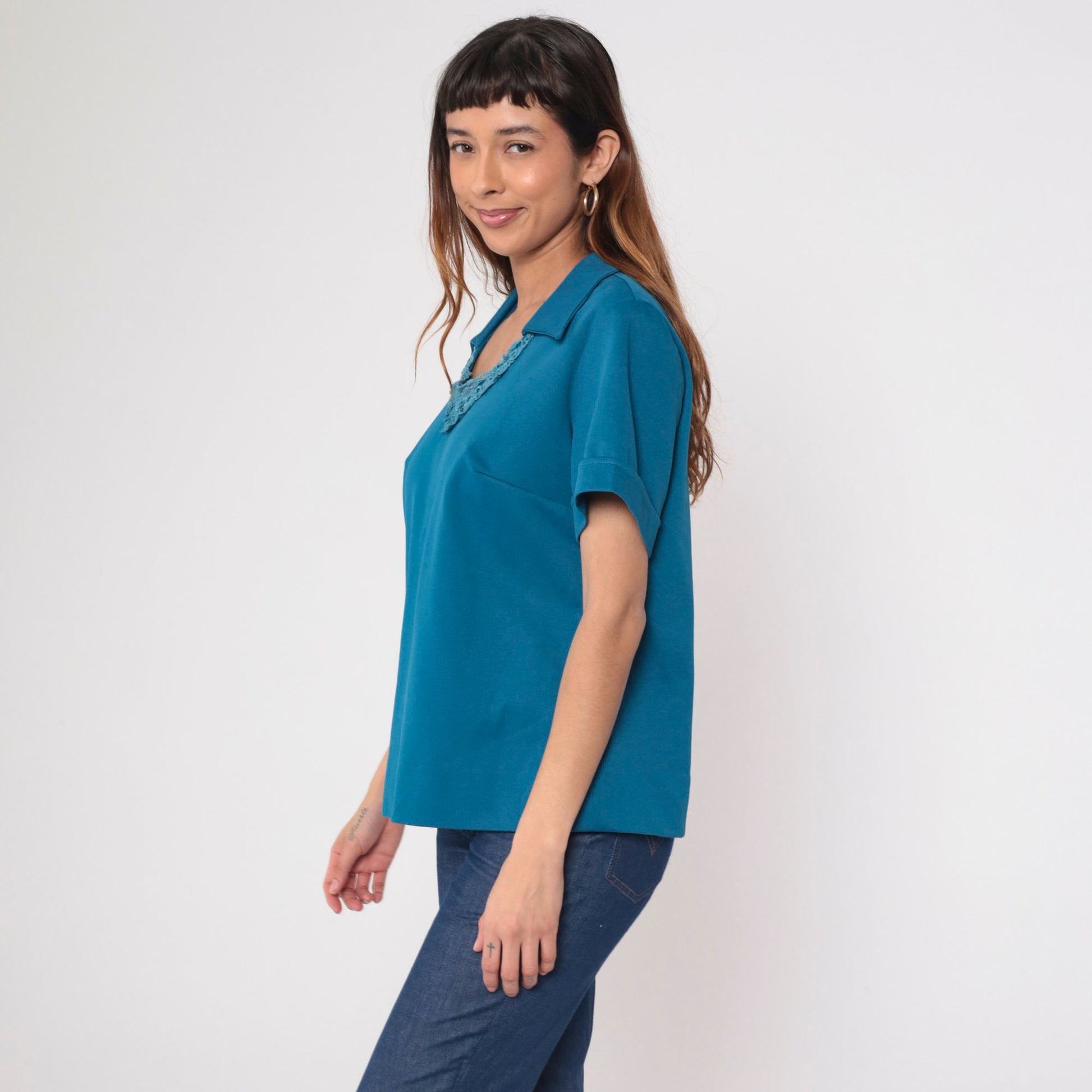70s Blue Lace Collar Blouse Pointed Crochet Trim Short Sleeve Large L