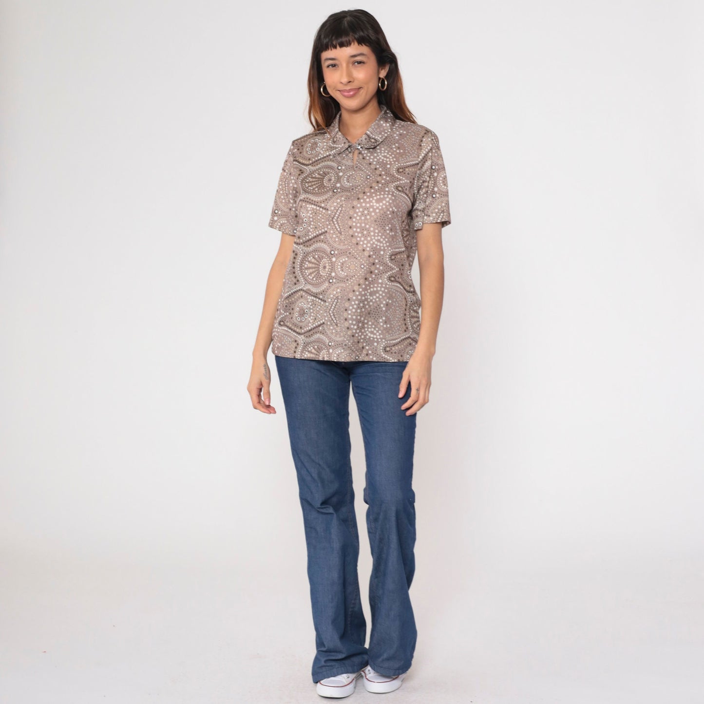 90s Blair Taupe Geometric Dot Blouse Keyhole Neck Short Sleeve Medium M