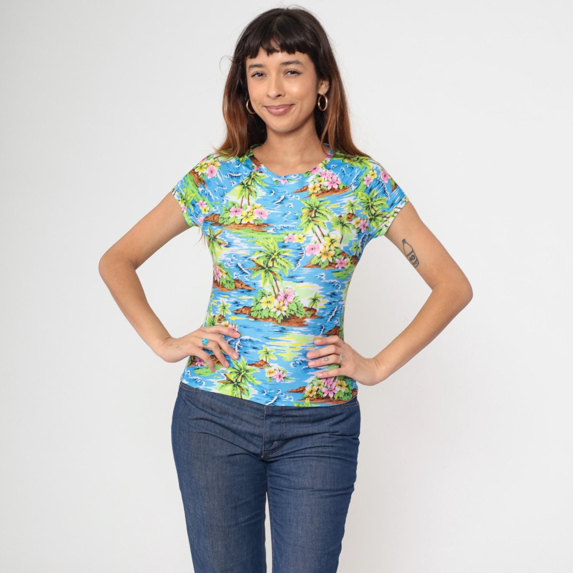 90s Hawaiian Tropical Floral Raglan Baby Tee Medium