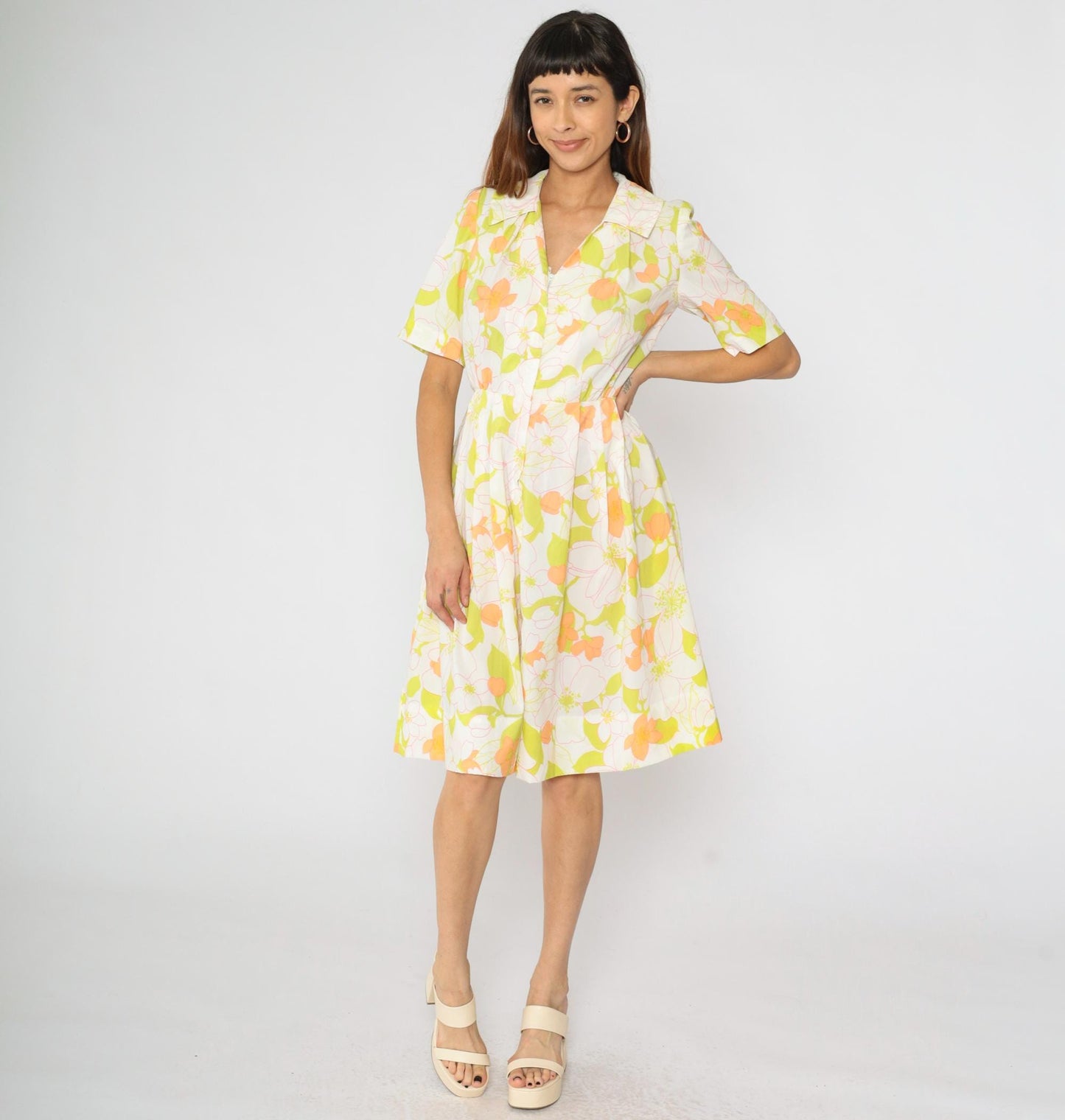 60s White Floral Day Dress High Waisted Front Zipper Pleated Knee Length Medium