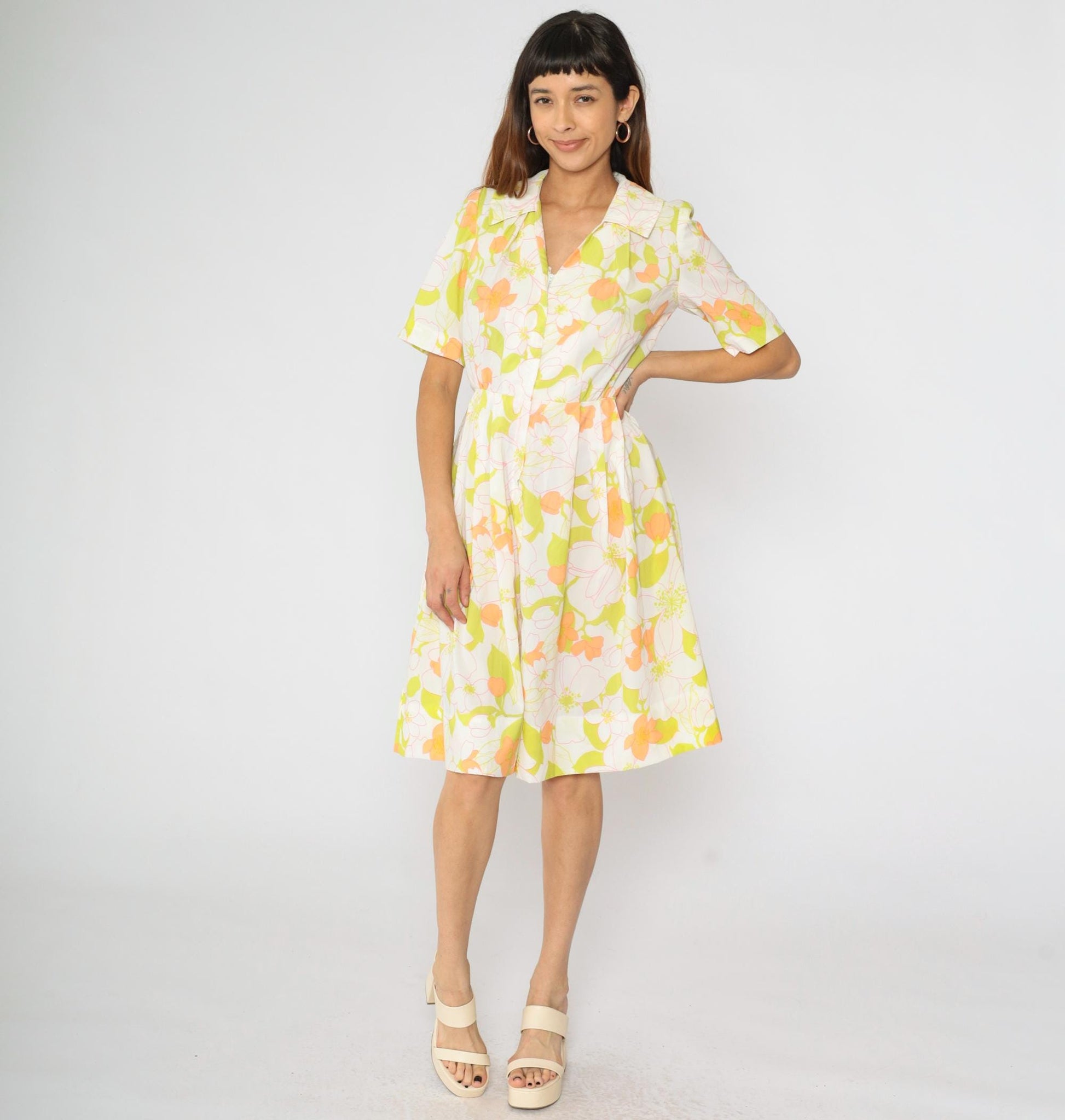 60s White Floral Day Dress High Waisted Front Zipper Pleated Knee Length Medium
