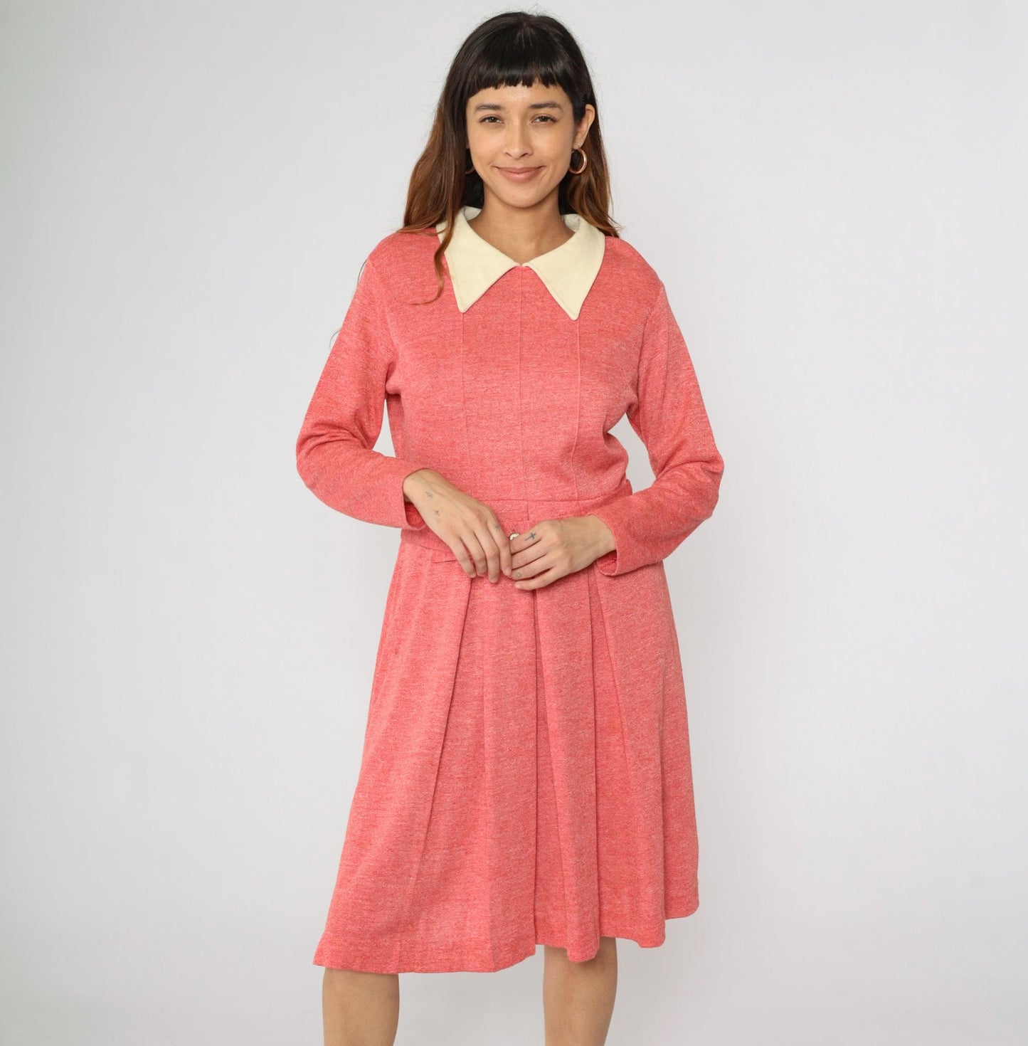 70s Mod Dress Pink Pleated Midi High Waist Contrast Collar Long Sleeve Large L