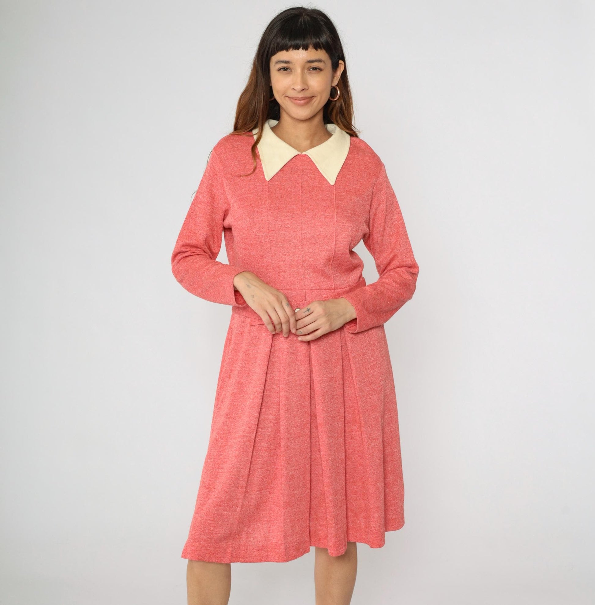 70s Mod Dress Pink Pleated Midi High Waist Contrast Collar Long Sleeve Large L
