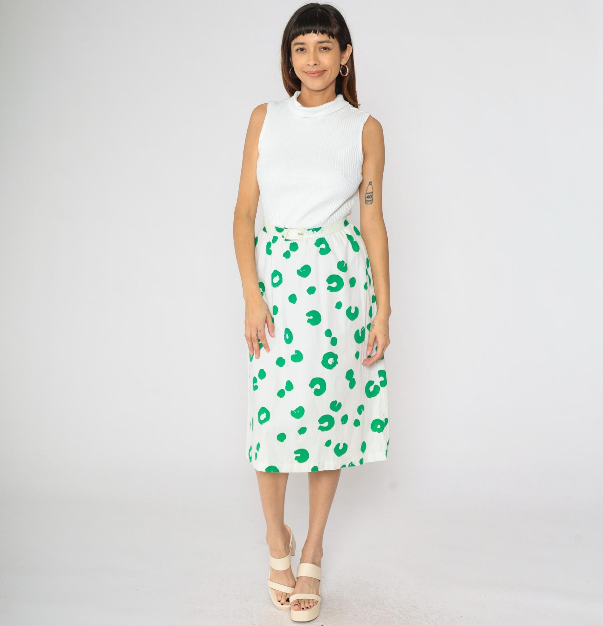 80s White Green Dot Midi Dress Mock Neck High Waist Belted Small